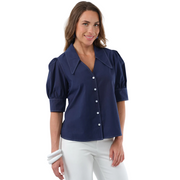 Lior Paris Blanche Boyfriend Pointed Collar Short Sleeve Shirt -Navy