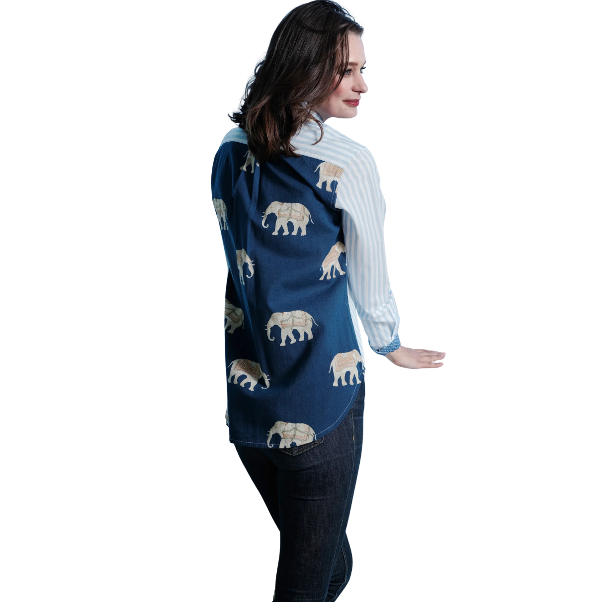 Dizzy Lizzie Chesapeake Hi Lo Top w/ Navy Ground Elephants on Back