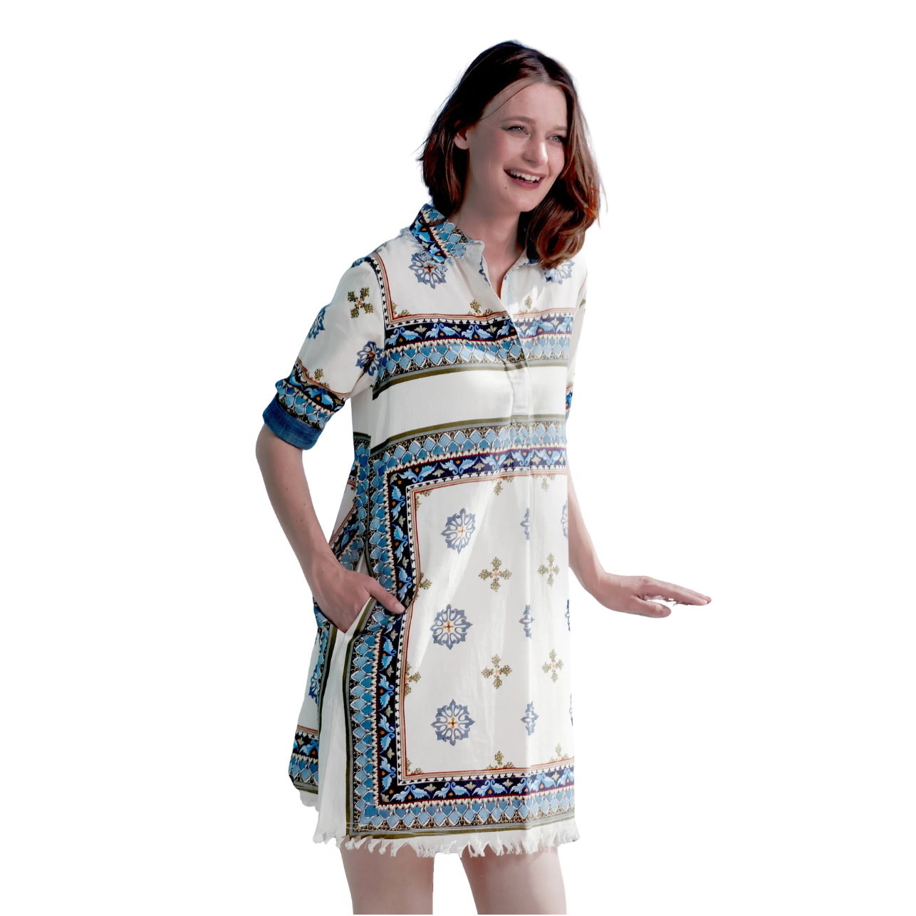 Dizzy Lizzie Chatham Dress Blue Green Ivory Engineered Print