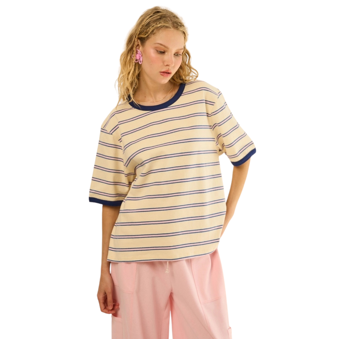 The GREii Striped Cotton Relaxed Fit T-Shirt -Cream/Navy