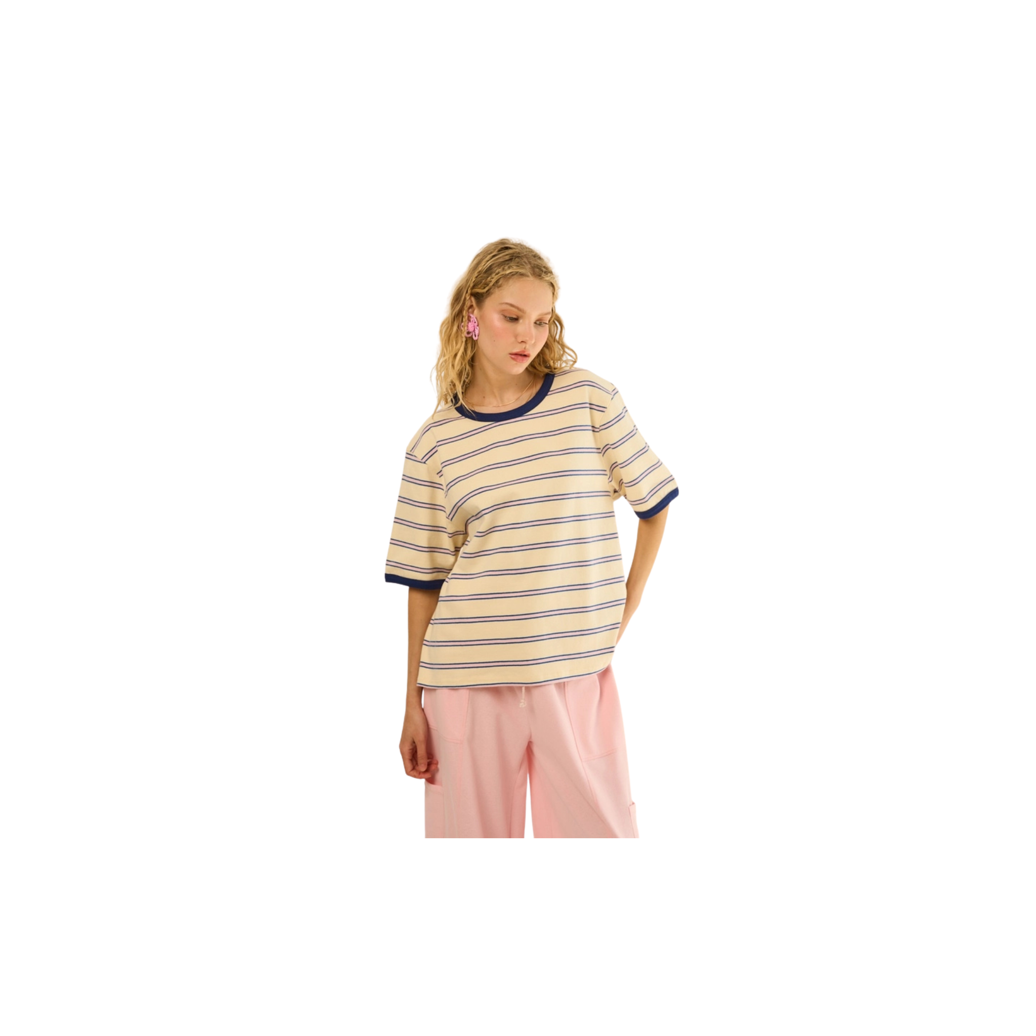 The GREii Striped Cotton Relaxed Fit T-Shirt -Cream/Navy