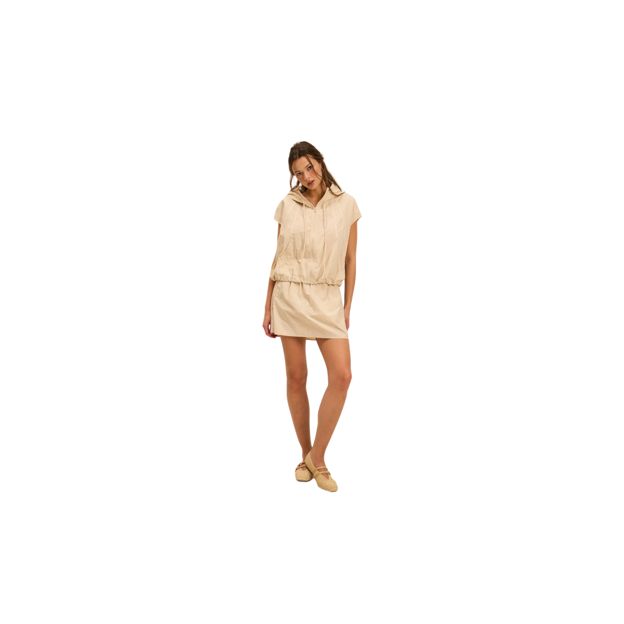 The GREii Luxe Piped Hooded Zip-Up Top -Beige