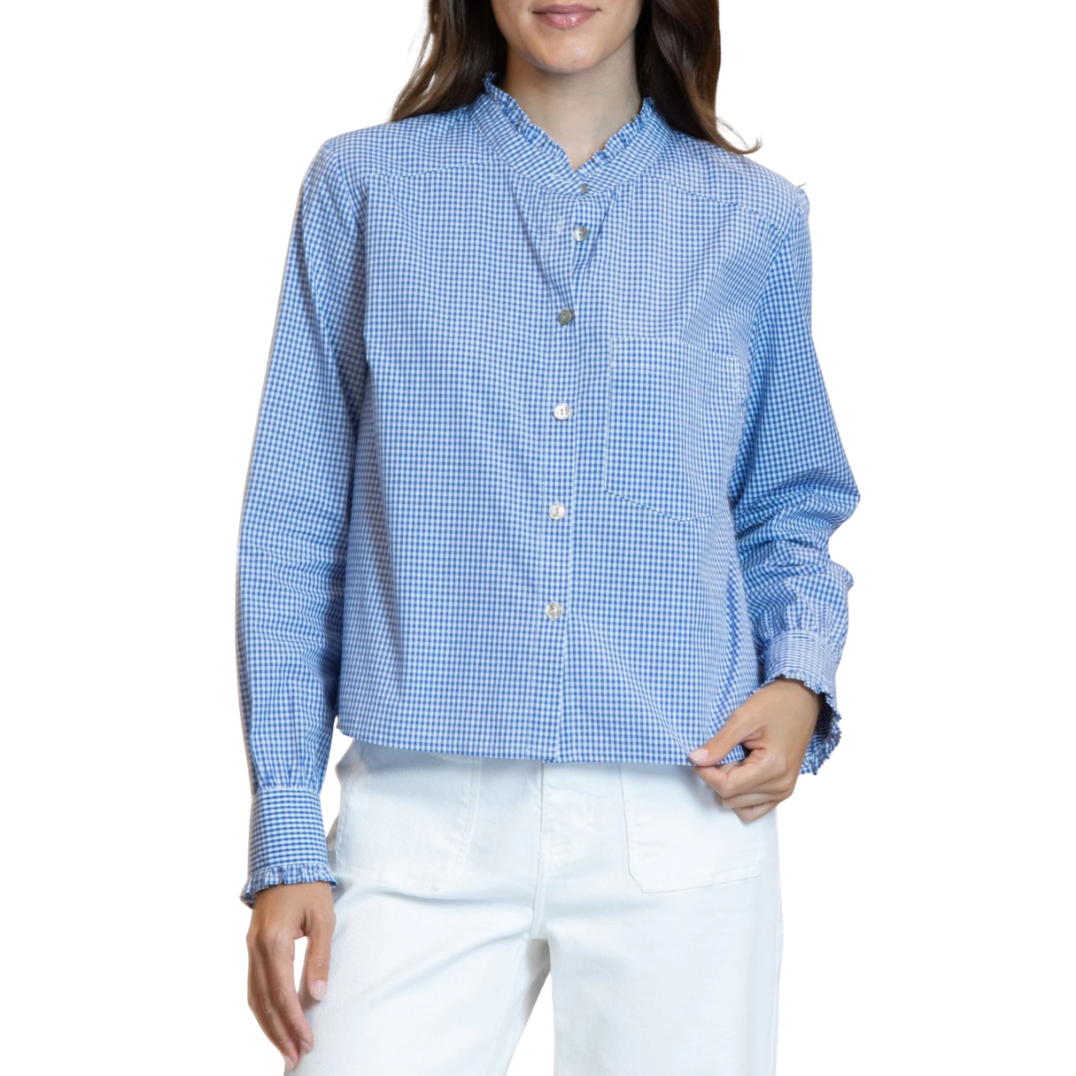 APNY Cropped Check Shirt w/ Ruffle Detail -Cobalt Blue