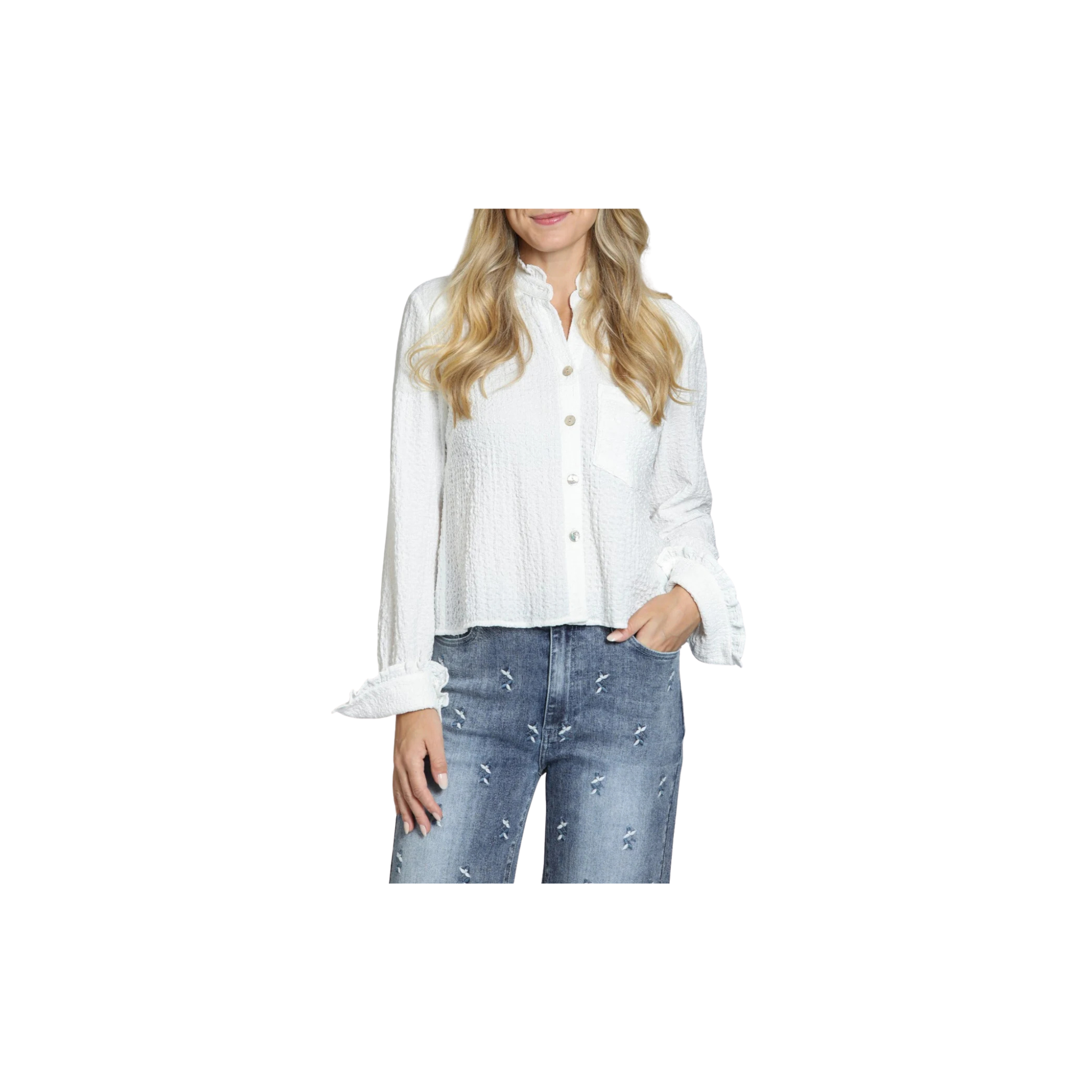 APNY Cropped Check Shirt with Ruffle Detail -White