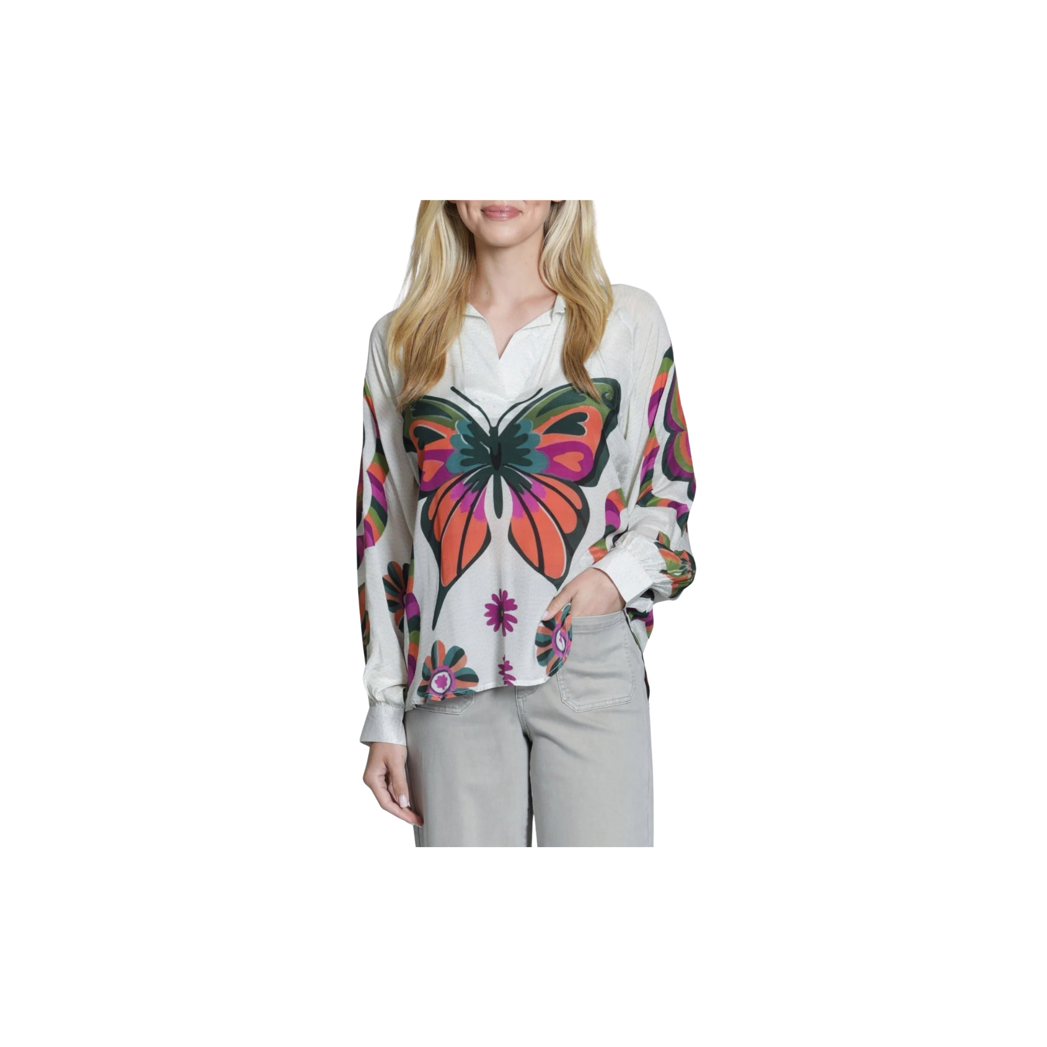 APNY Half-Plaket Pullover Blouse -Vintage Butterfly Bloom