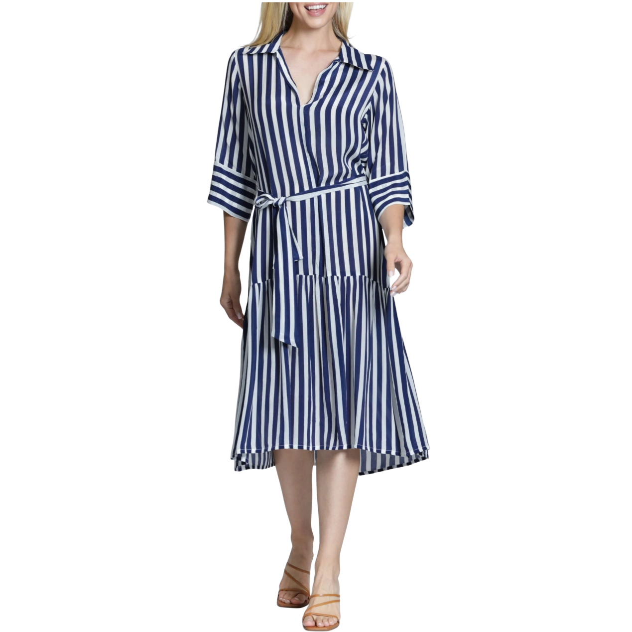 APNY Half Placket Dress with Belt -Navy