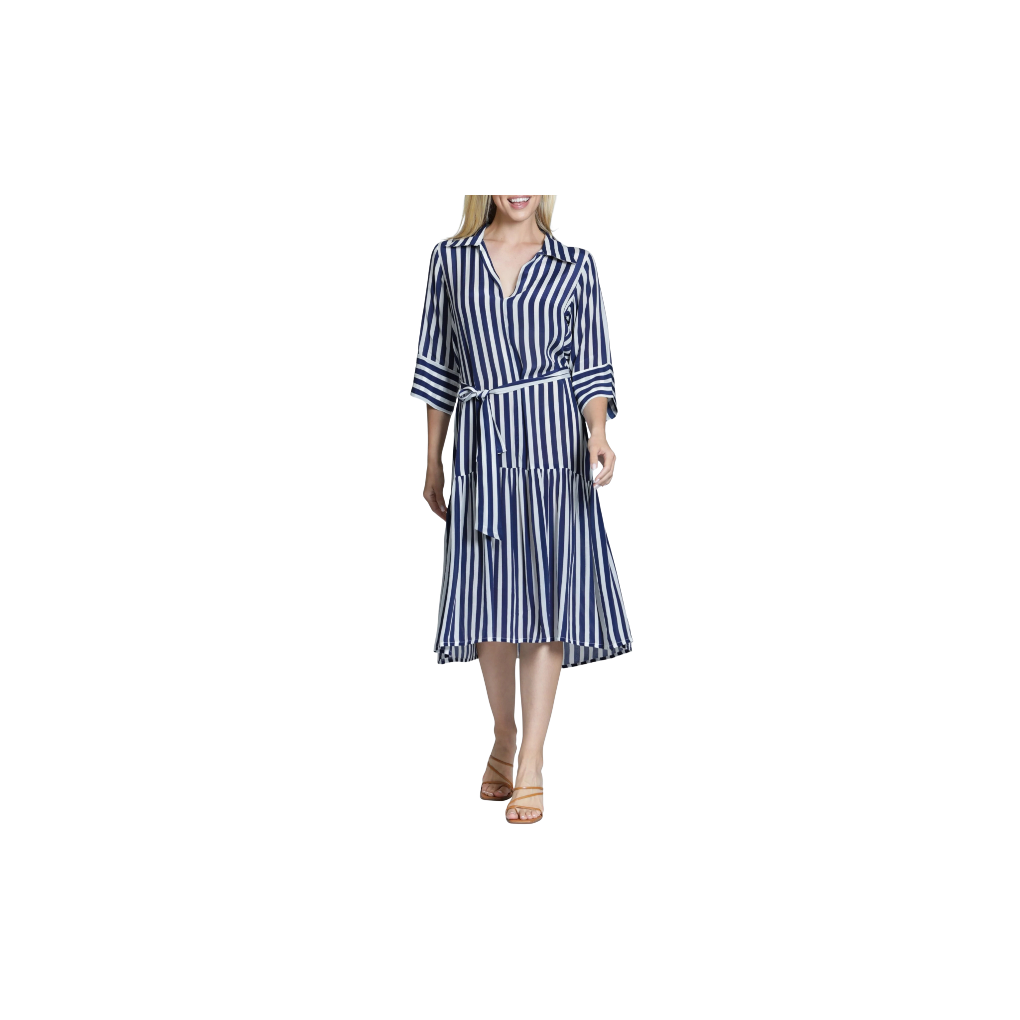 APNY Half Placket Dress with Belt -Navy