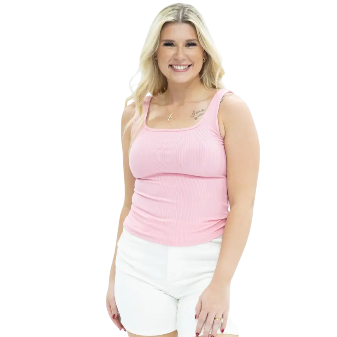 Bella Square Neck Rib Knit Tank Top -Light Pink