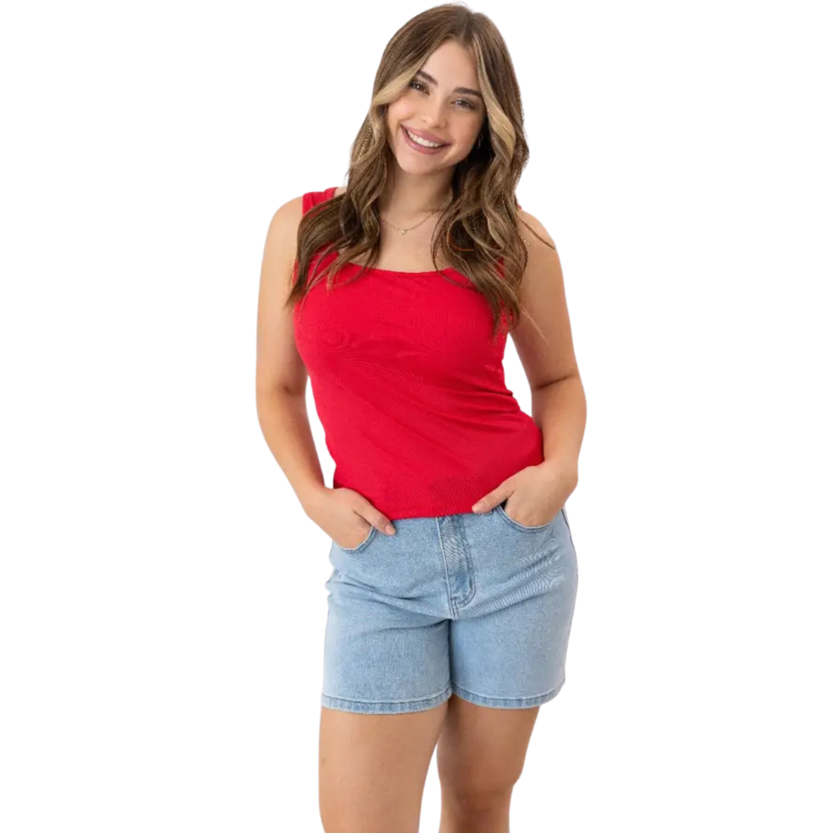 Bella Square Neck Rib Knit Tank Top -True Red