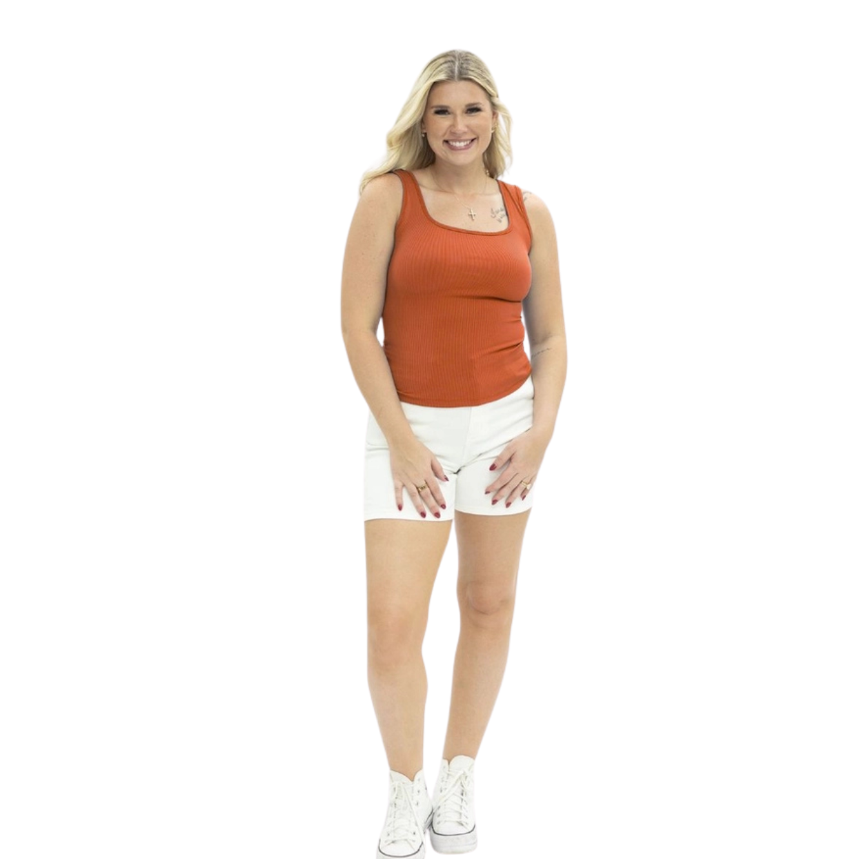 Bella Square Neck Rib Knit Tank Top -Orange