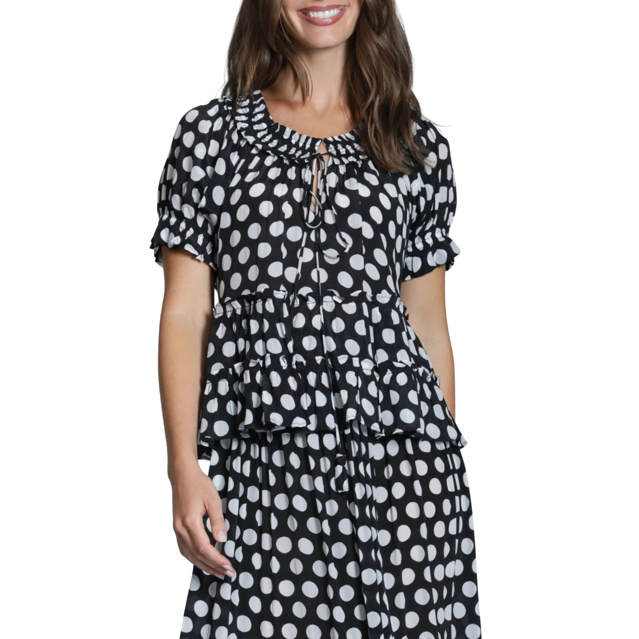 APNY Short Sleeve Top w/ Ruched Neck -Black/White Mono Spot
