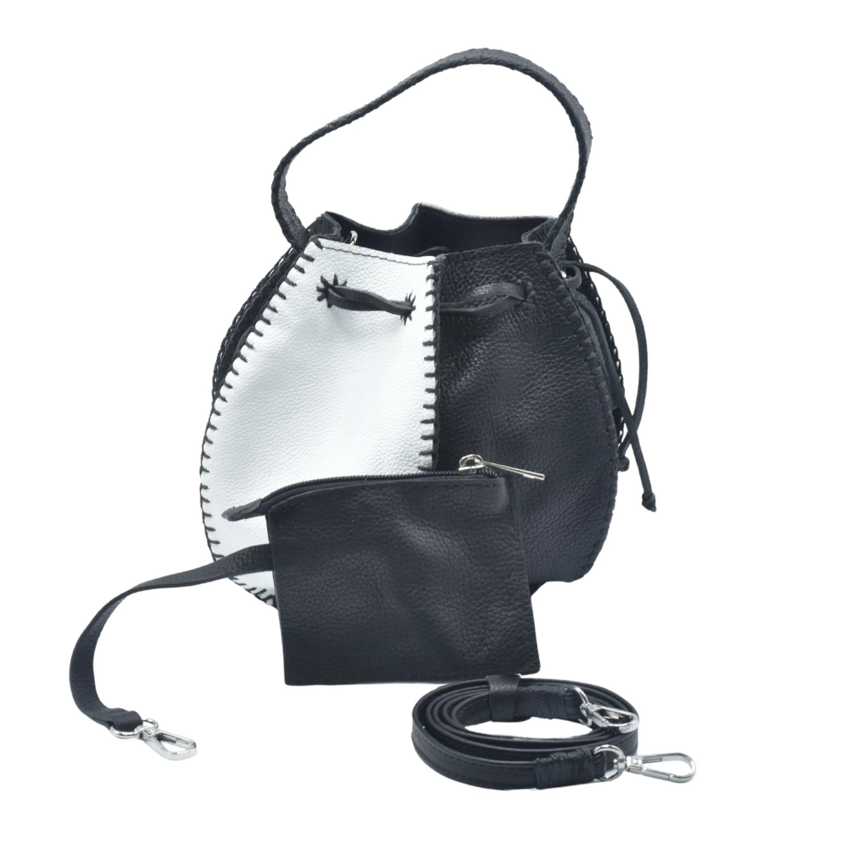 Carlos Falchi Tall Bucket Bag -Black/White Top Grain Leather