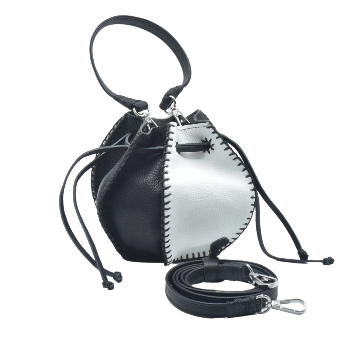 Carlos Falchi Bucket Pouch -Black/White Top Grain Leather