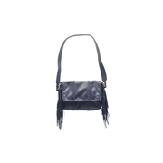 Carlos Falchi Mini Fringe Crossbody Messenger Bag -Navy Top Grain Leather