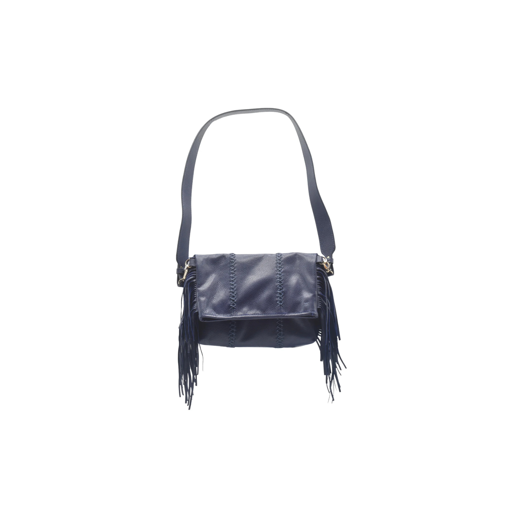 Carlos Falchi Mini Fringe Crossbody Messenger Bag -Navy Top Grain Leather