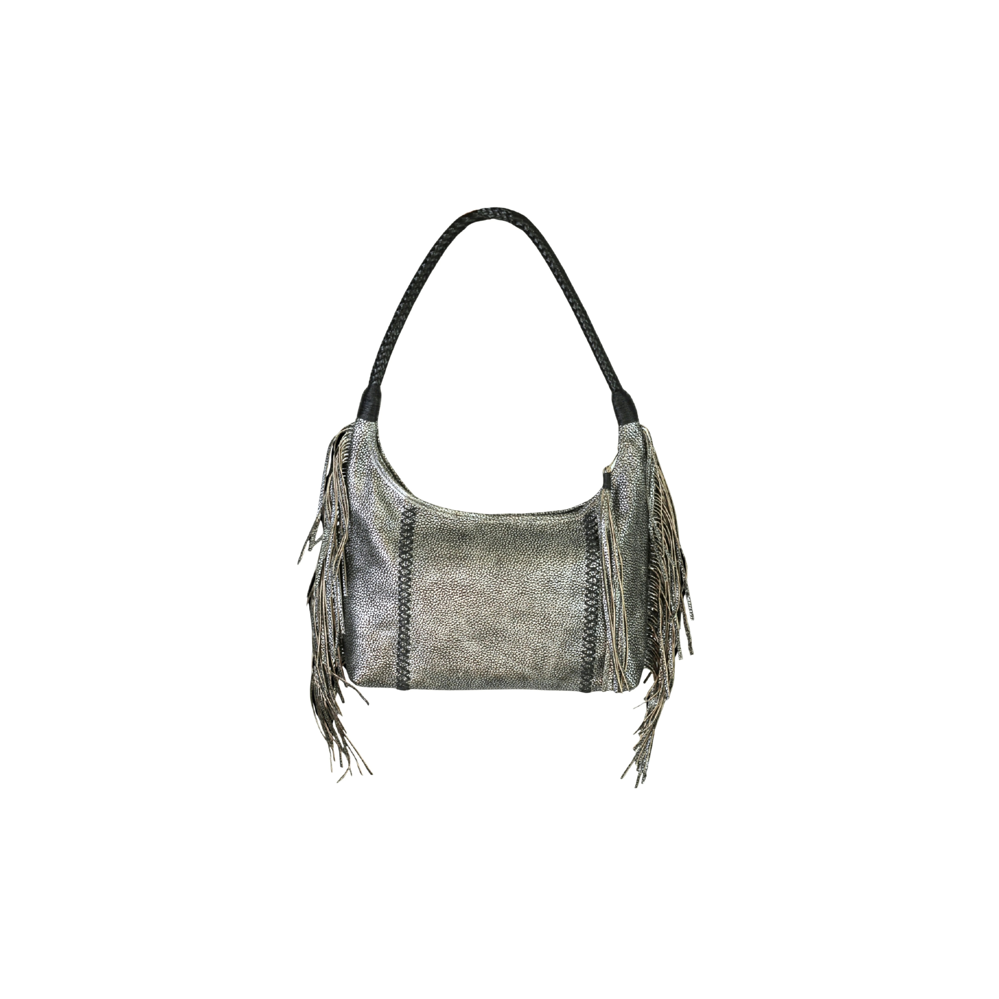 Carlos Falchi Fringe Hobo Bag -Roman Chrome Top Grain Leather