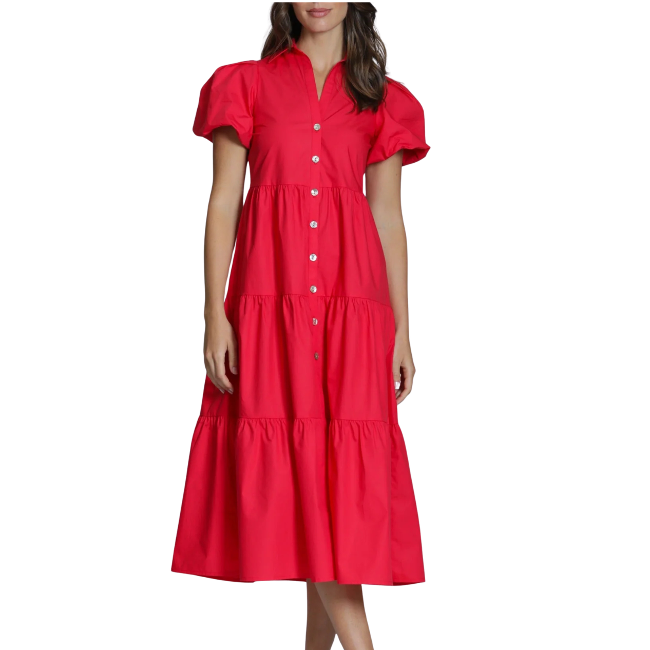 APNY Long Tiered Dress with Puff Sleeve -Red