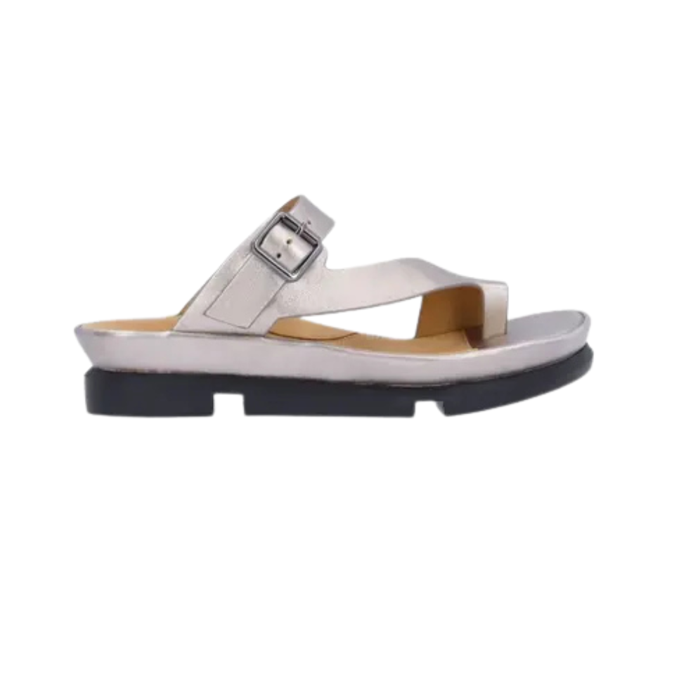 L'Amour Des Pieds Alanza Leather Slip on Sandal -Champagne Met/ Nappa