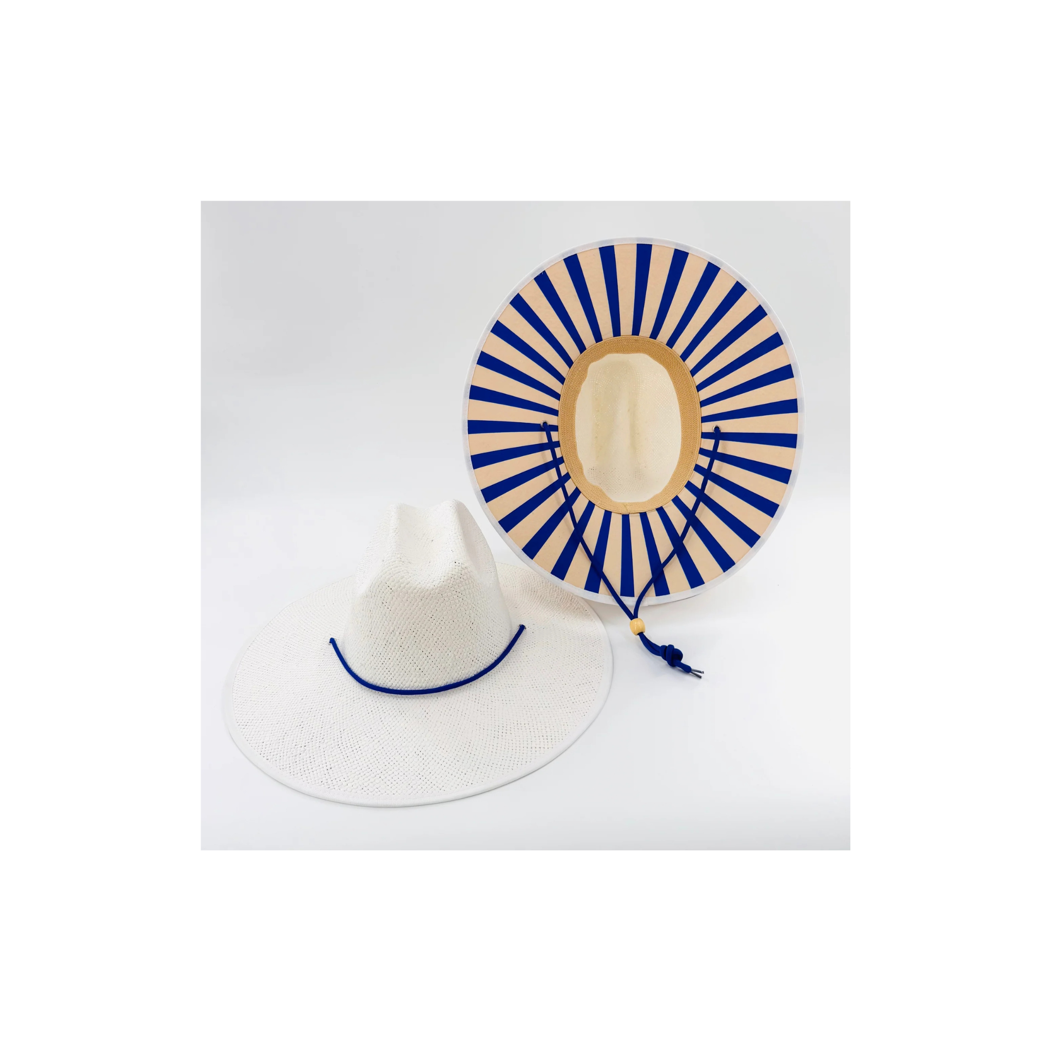 Baldiz White Sun Hat w/ Blue Striped Underbrim