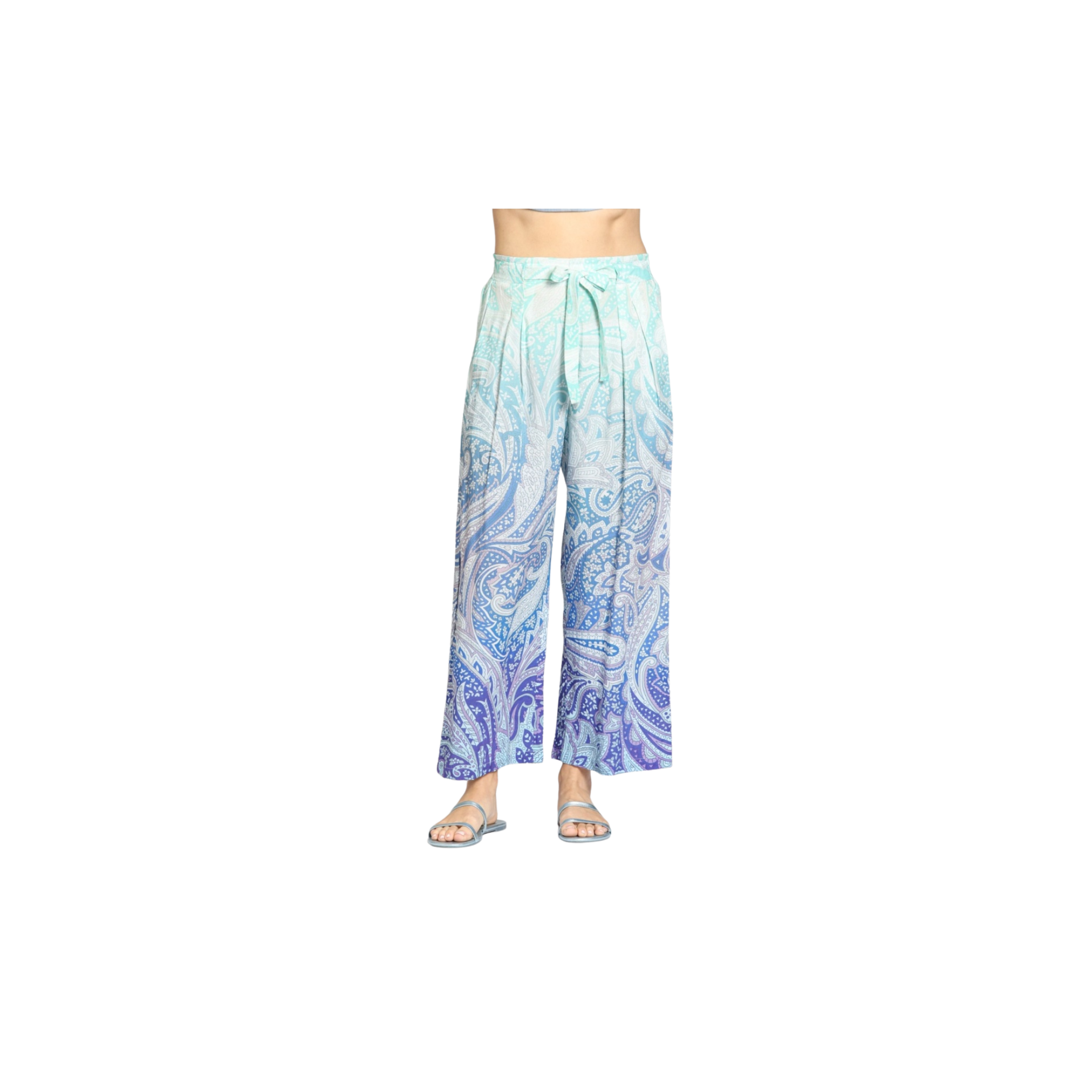 APNY Print Tie Waist Crop Wide Leg Pant Aqua/Purple Multi