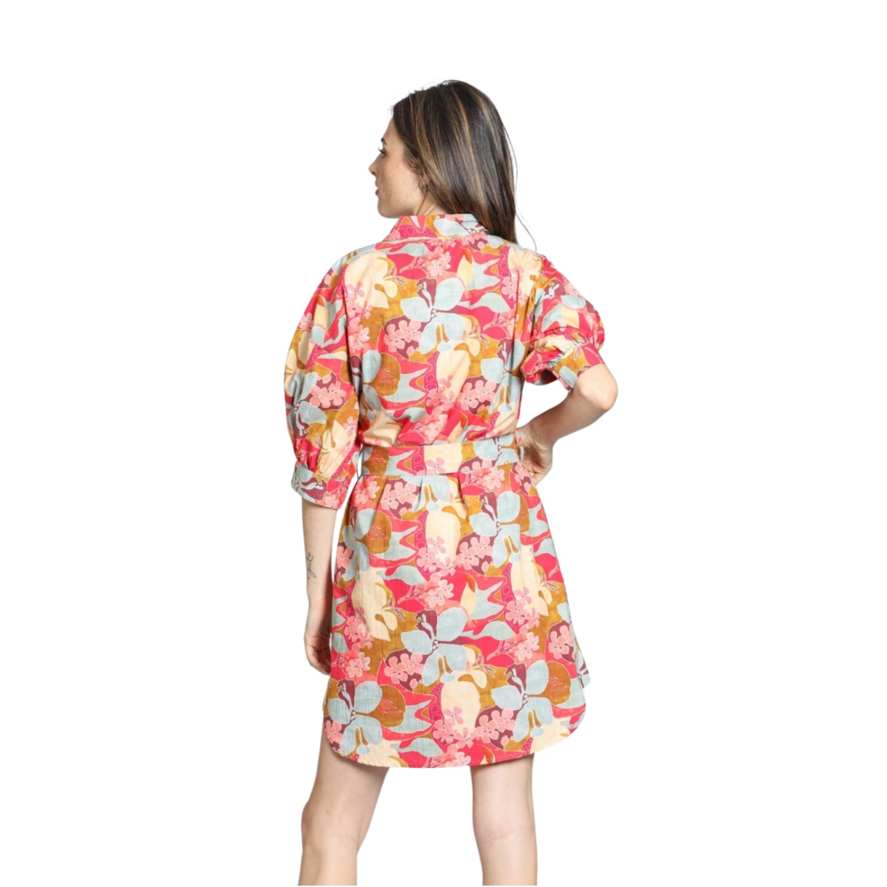 APNY Belted Dress with Puff Sleeves Coral Multi