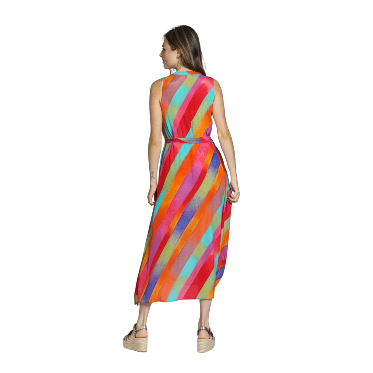 APNY Sleeveless Button-Down Maxi Dress Orange/Purple Multi Confetti Lines Print