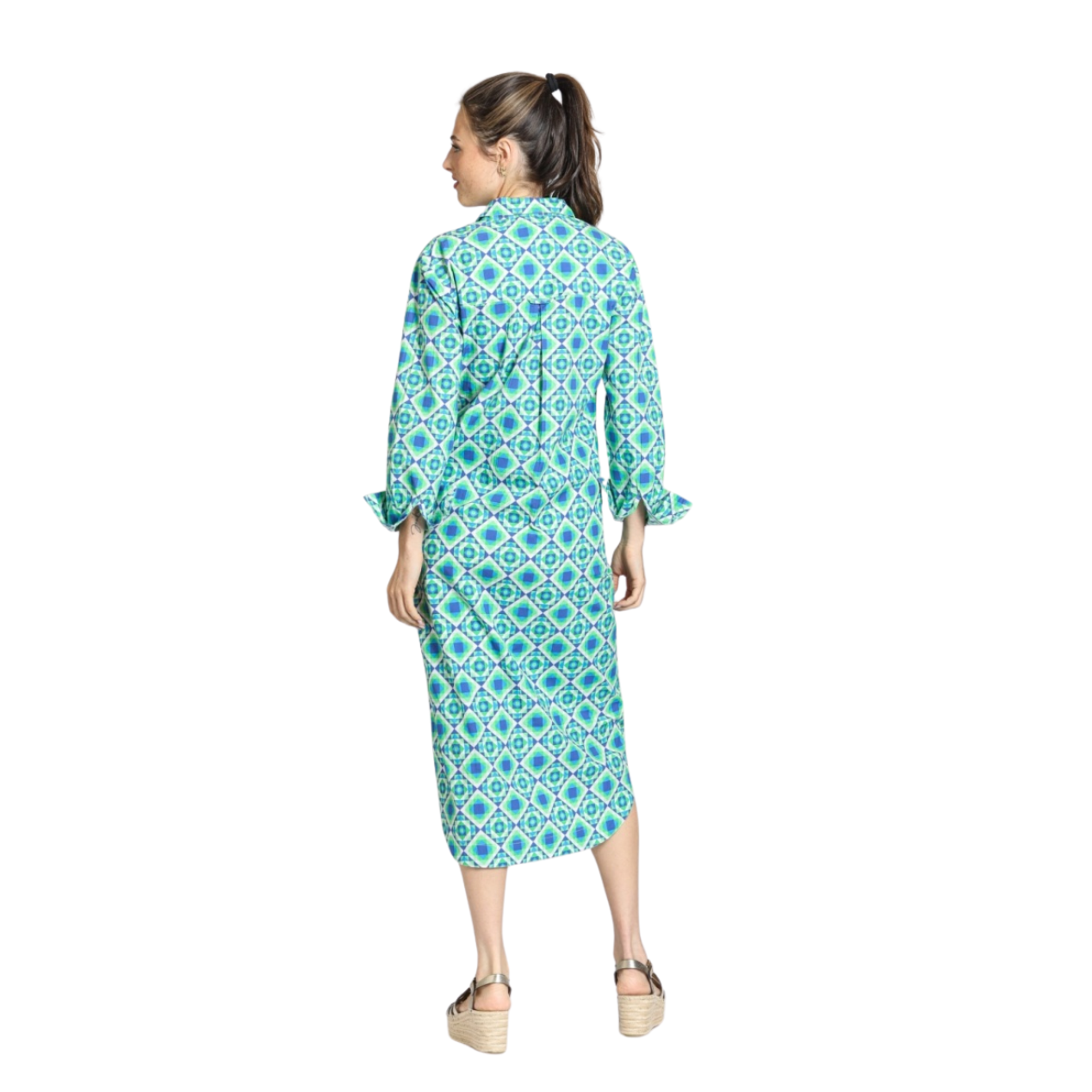 APNY Printed Long Sleeve Cotton Shirtdress Blue Multi