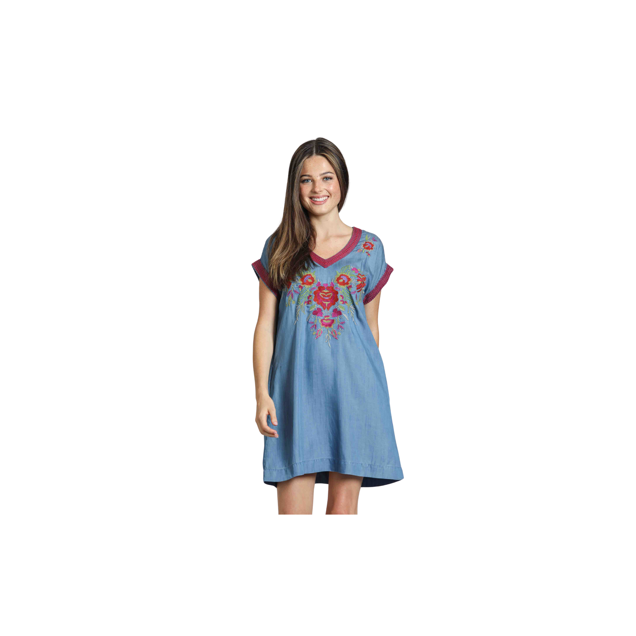 APNY Boho V-Neck Short Sleeve Shift Dress Vintage Rose Embroidery