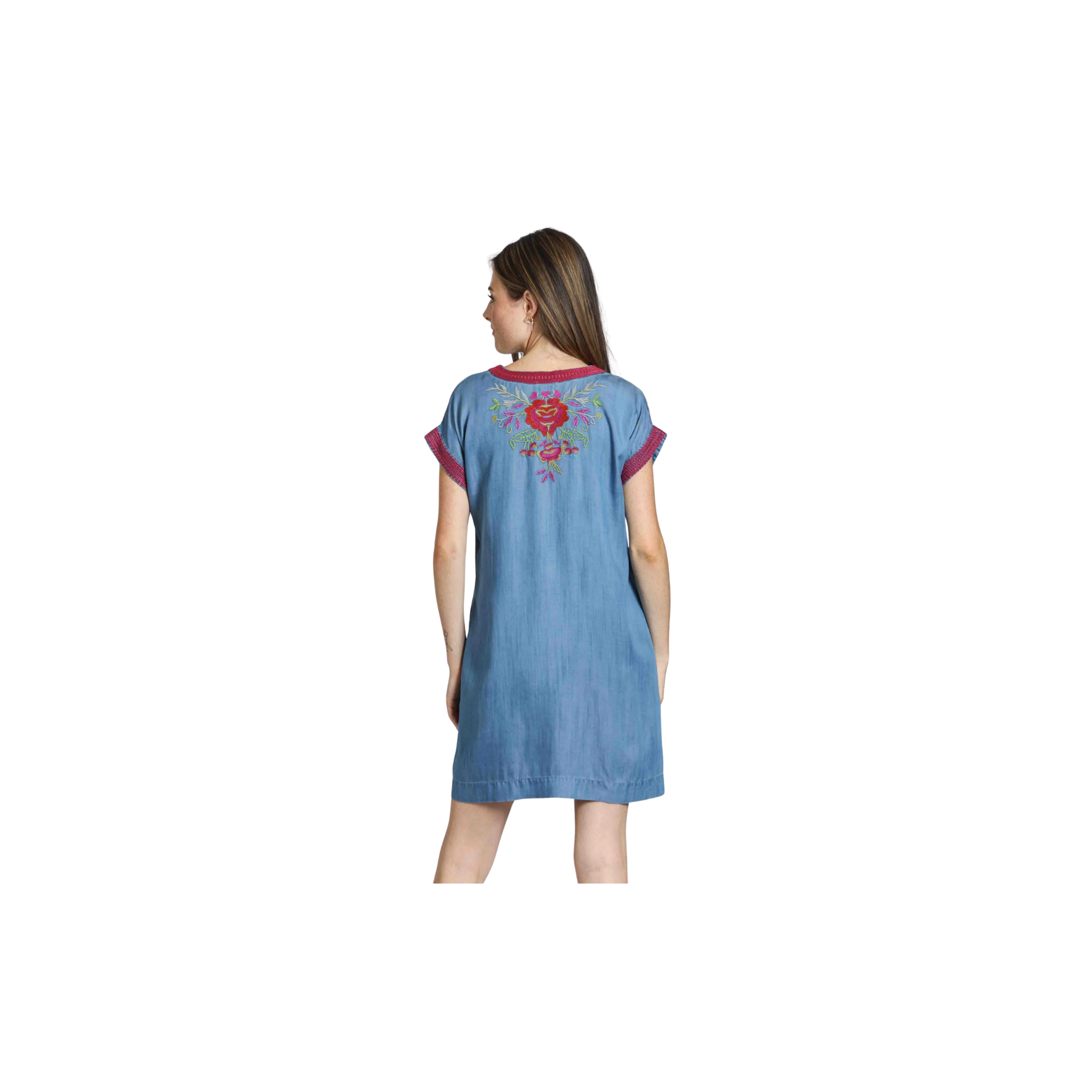 APNY Boho V-Neck Short Sleeve Shift Dress Vintage Rose Embroidery