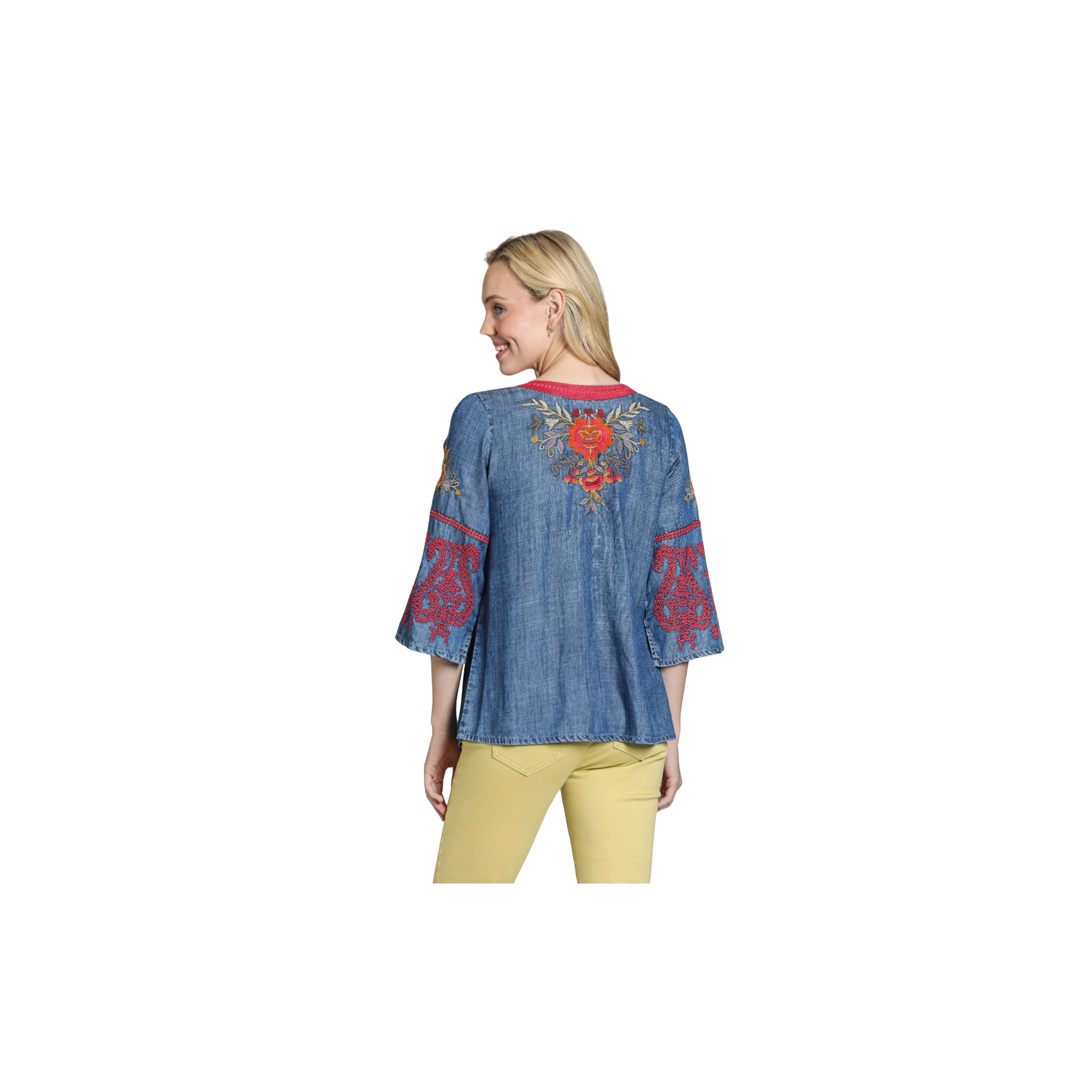 APNY Floral Embroidered V-Neck Pullover - Tencel Pink Multi