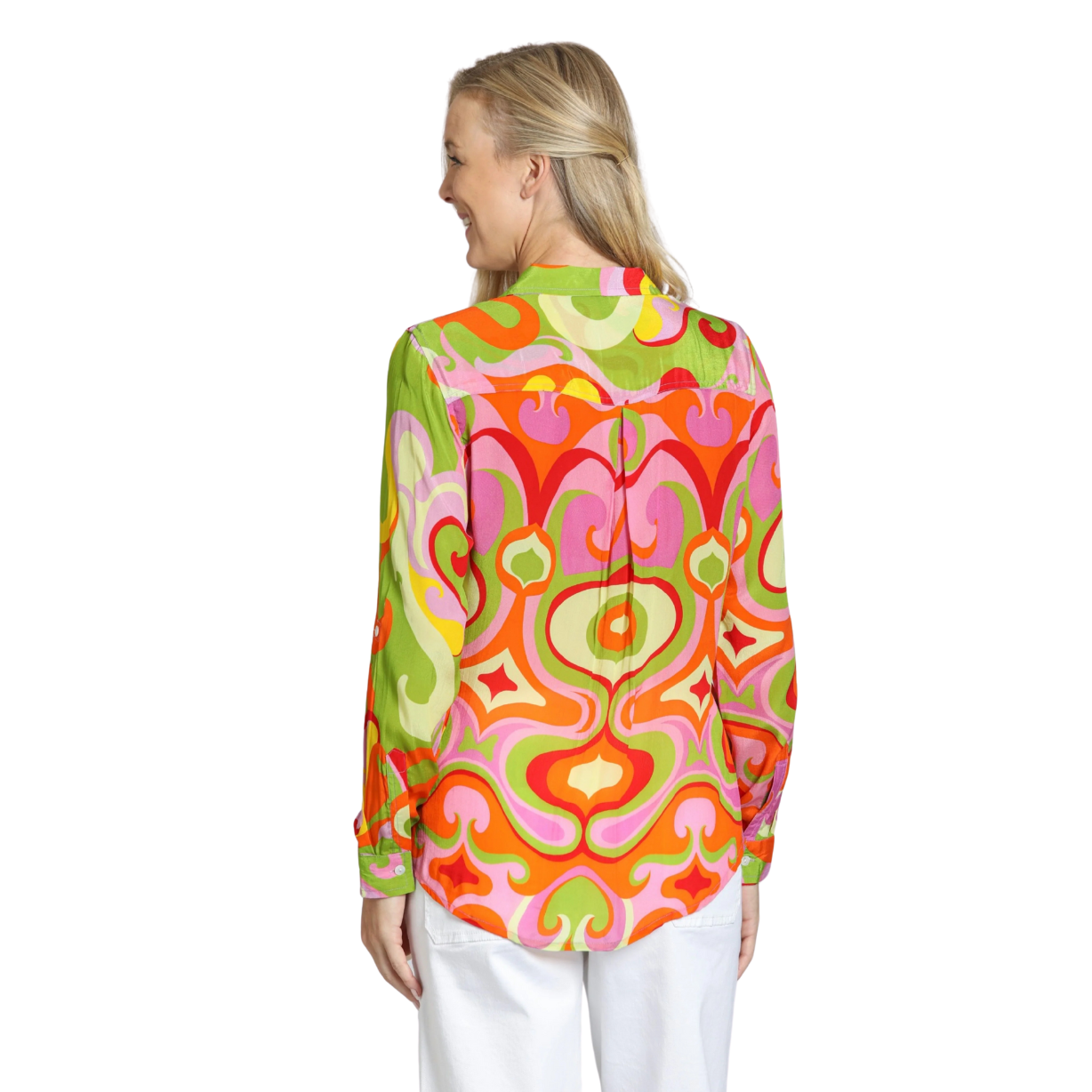 APNY Button-up Blouse w/ Roll-up Sleeve-Green Multi Psychedelic Pop Print