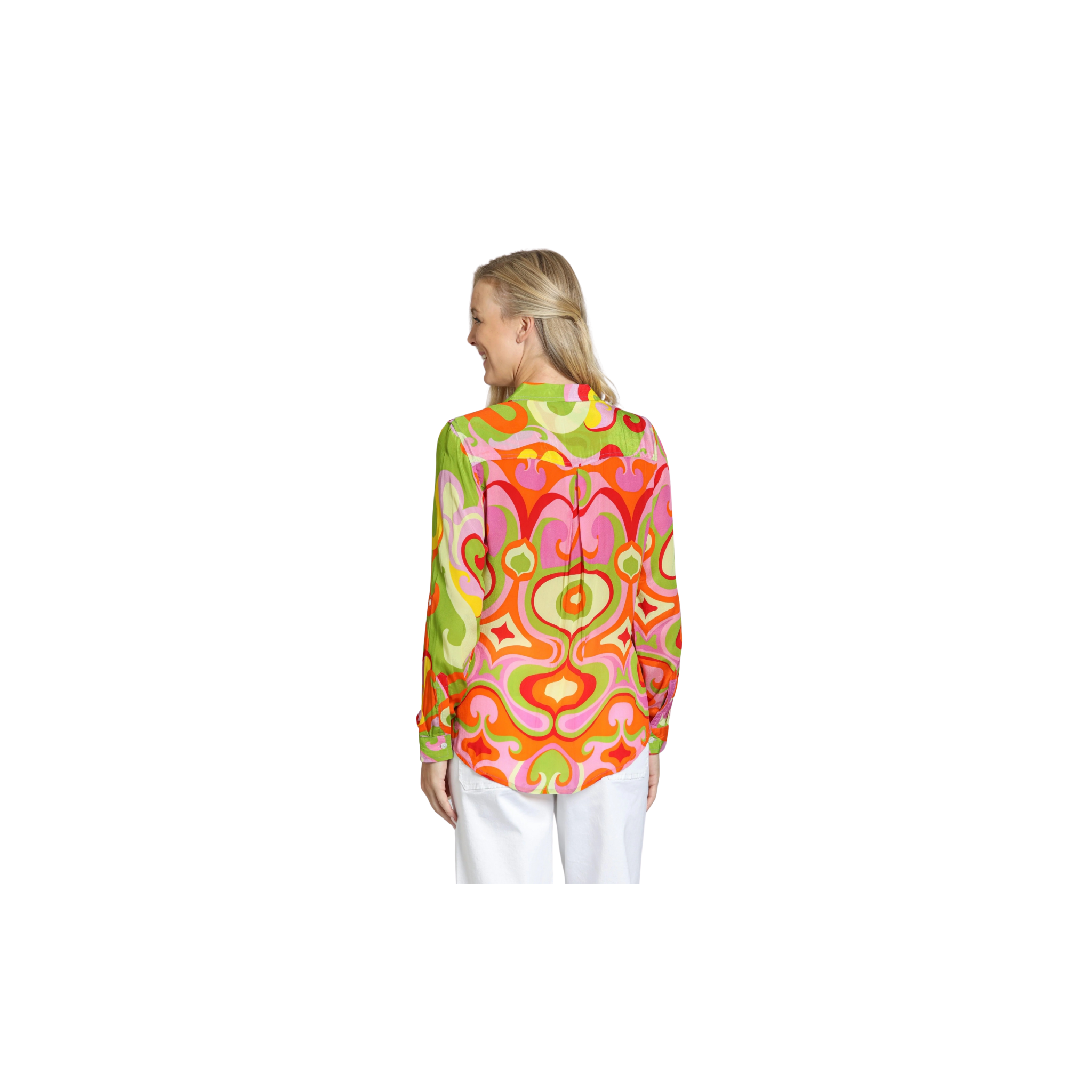 APNY Button-up Blouse w/ Roll-up Sleeve-Green Multi Psychedelic Pop Print