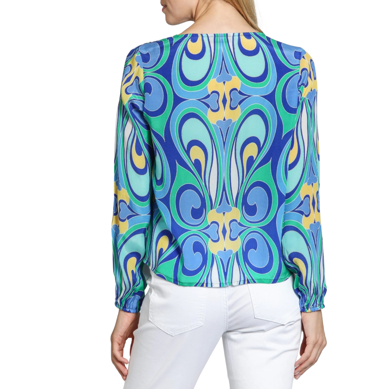 APNY V-Neck Tie Front Top Blue/Green Multi Blue Lagoon Paisley Print