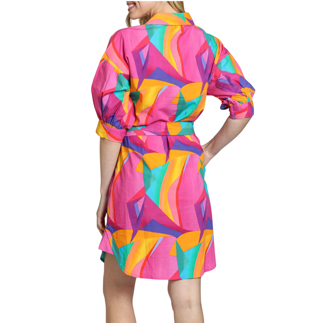 APNY Belted Dress with Puff Sleeves Pink/Green Multi Vivid Abstract Print