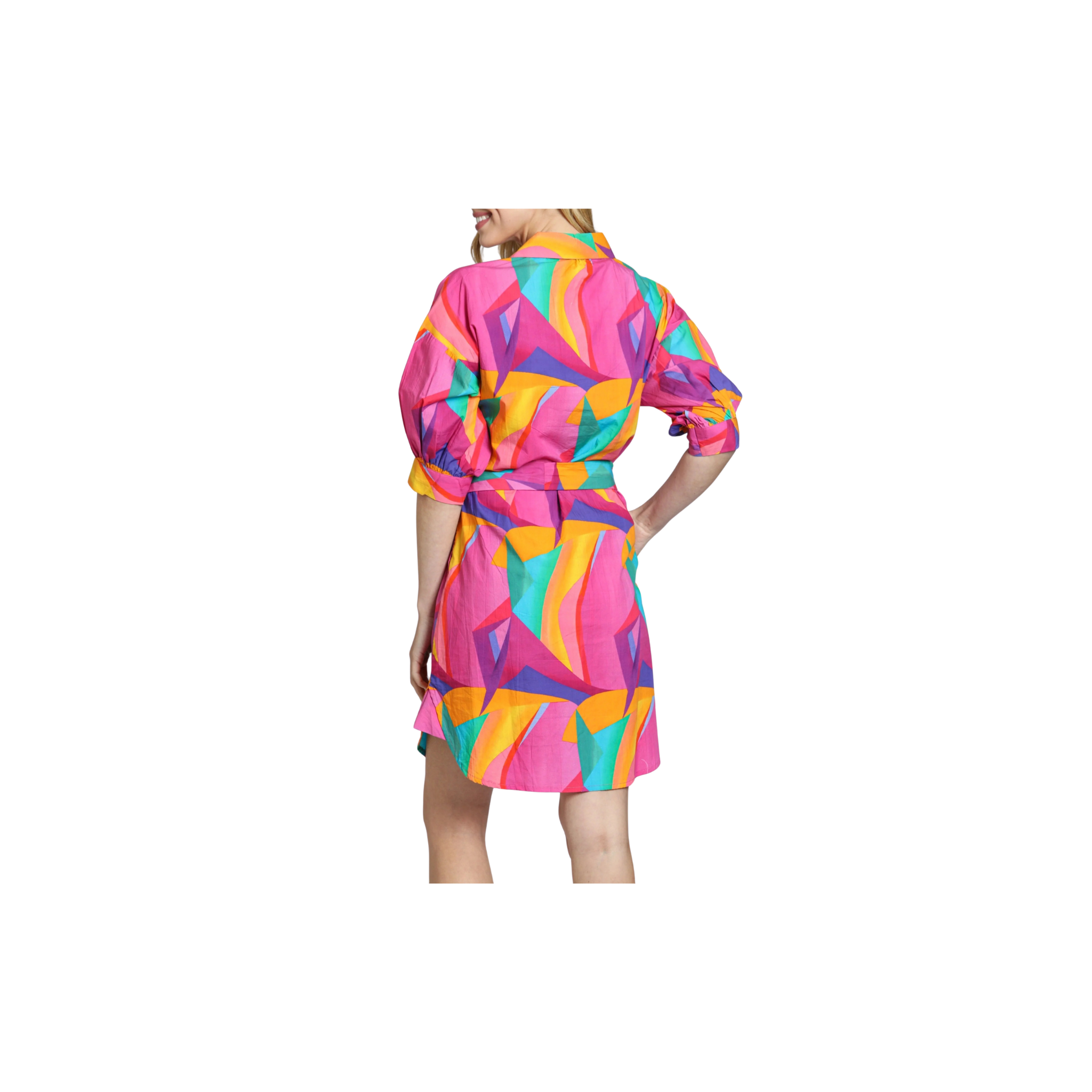 APNY Belted Dress with Puff Sleeves Pink/Green Multi Vivid Abstract Print