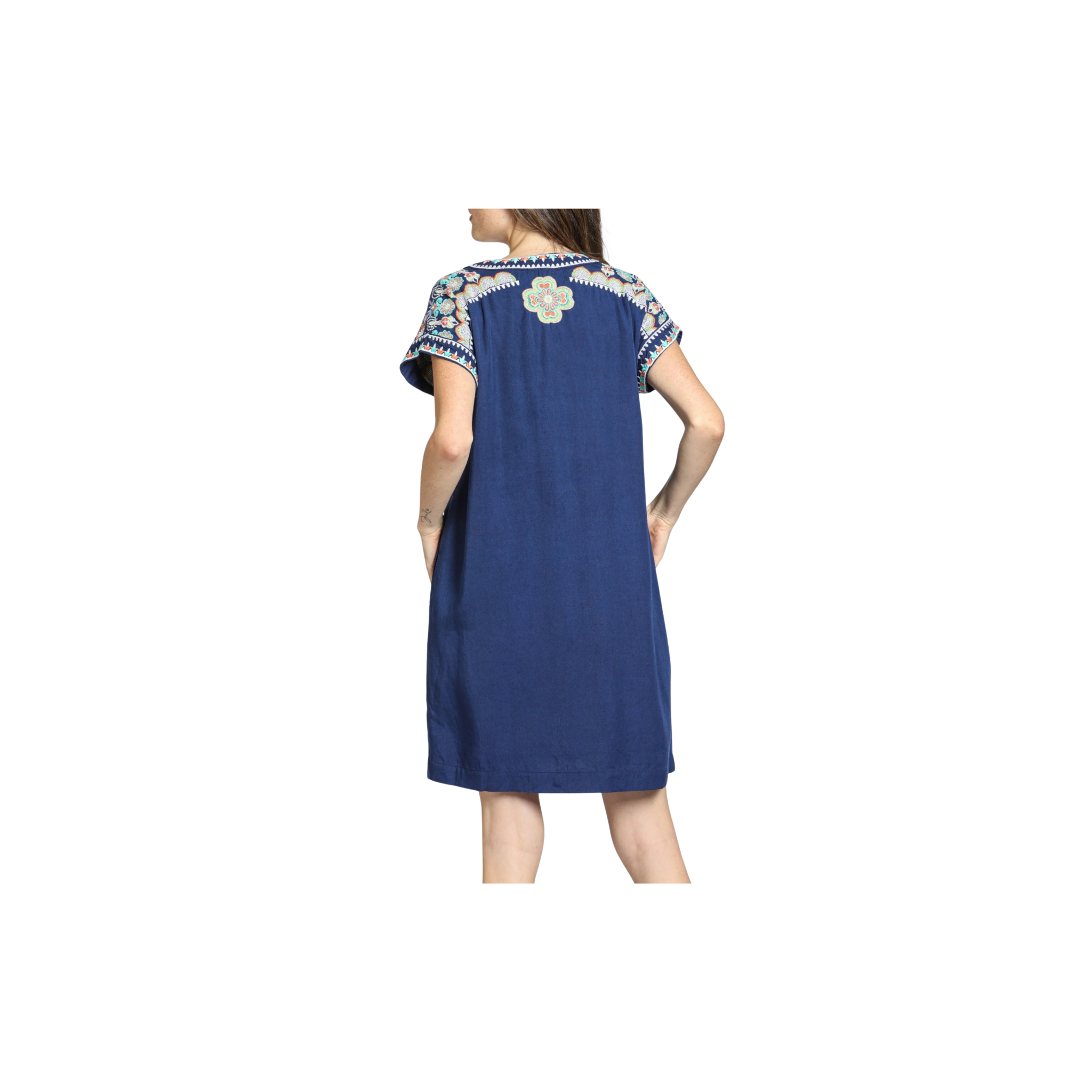 APNY Boho V-Neck Short Sleeve Shift Dress Navy Indigo Bloom