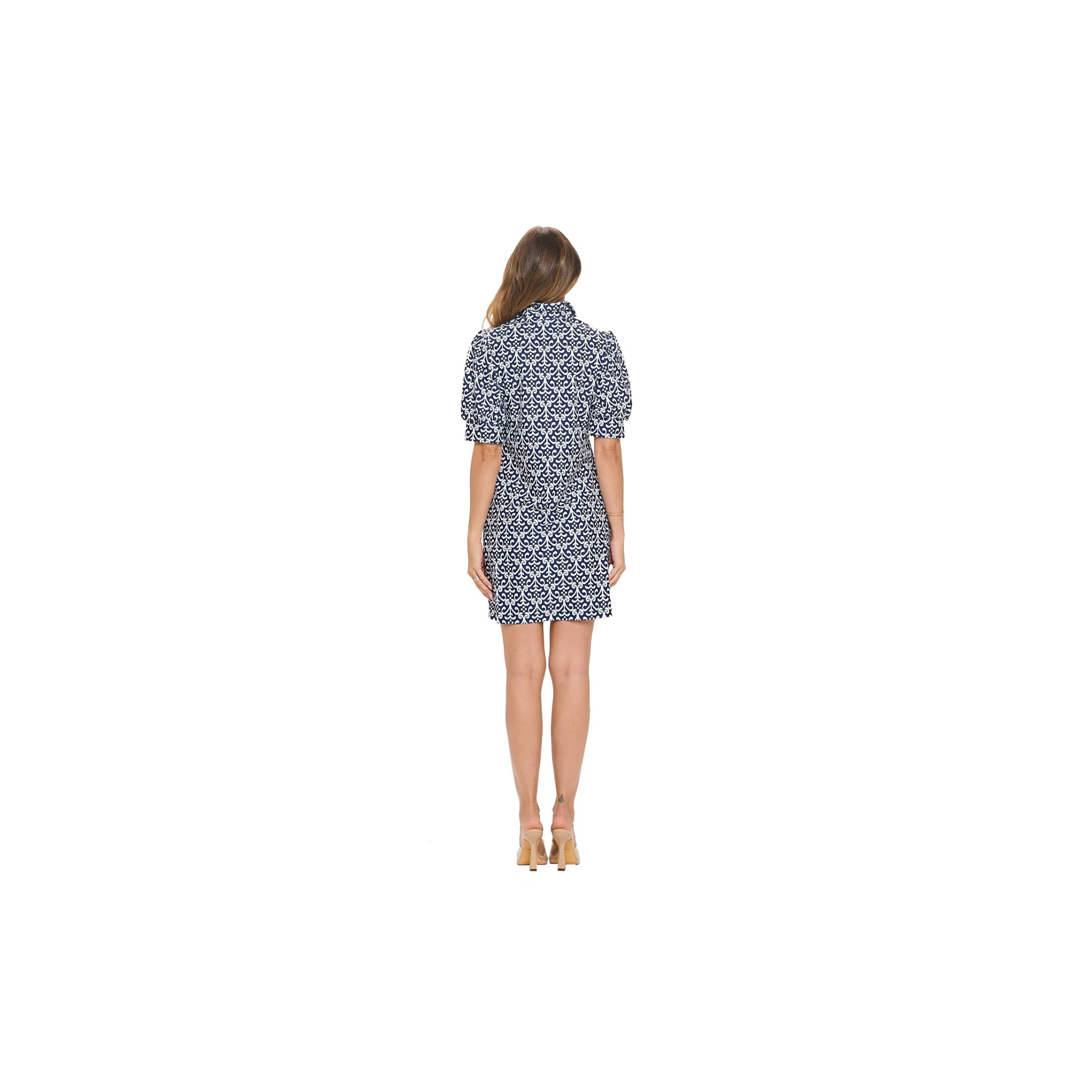 Asher Bubble Sleeve Dress with Pockets- Navy