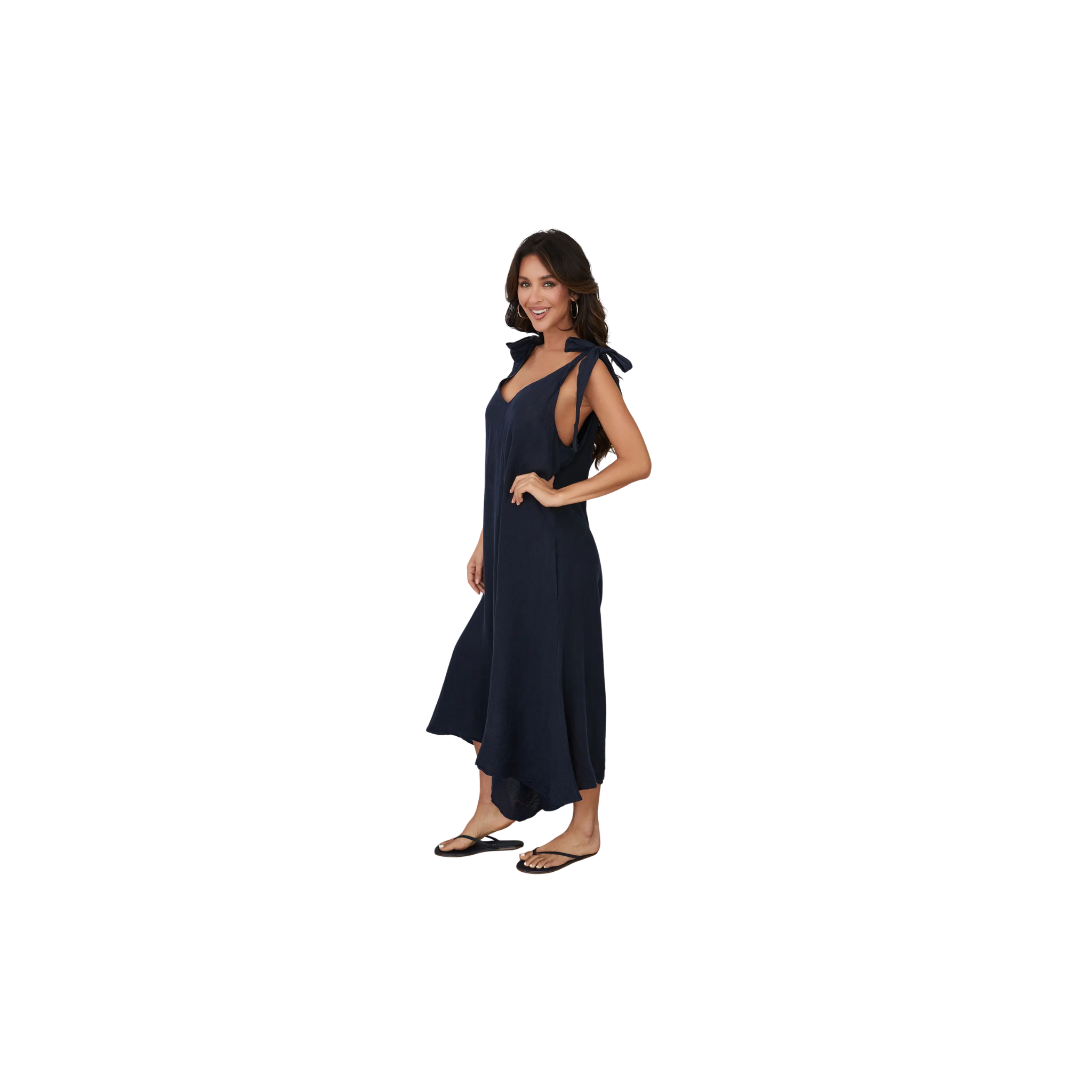 Tie Shoulder V-Neck Linen Jumpsuit (Navy)
