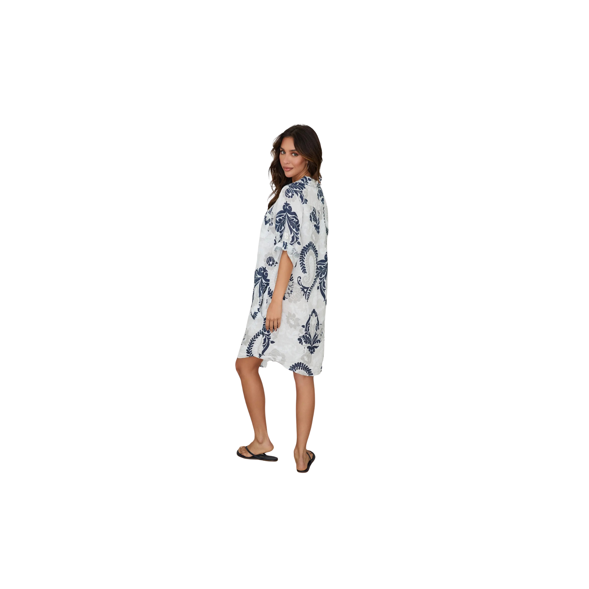 Paisley Print Button Down Linen Dress (Paisley White/Navy)