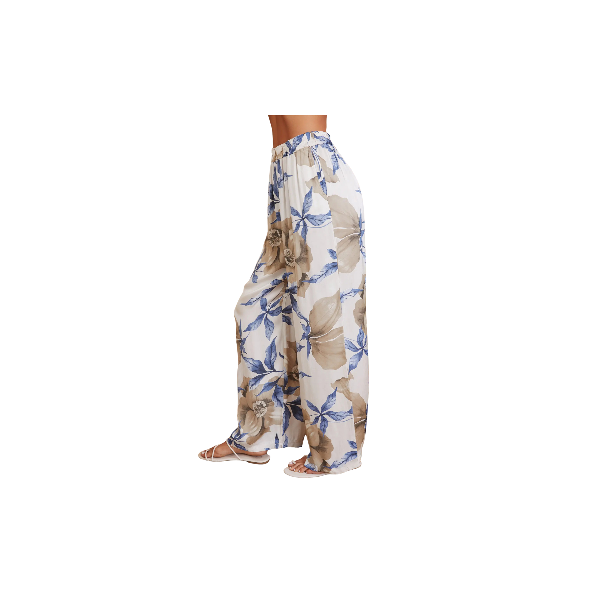 Poppy Floral Print Wide Leg Silky Pant (Beige Floral)