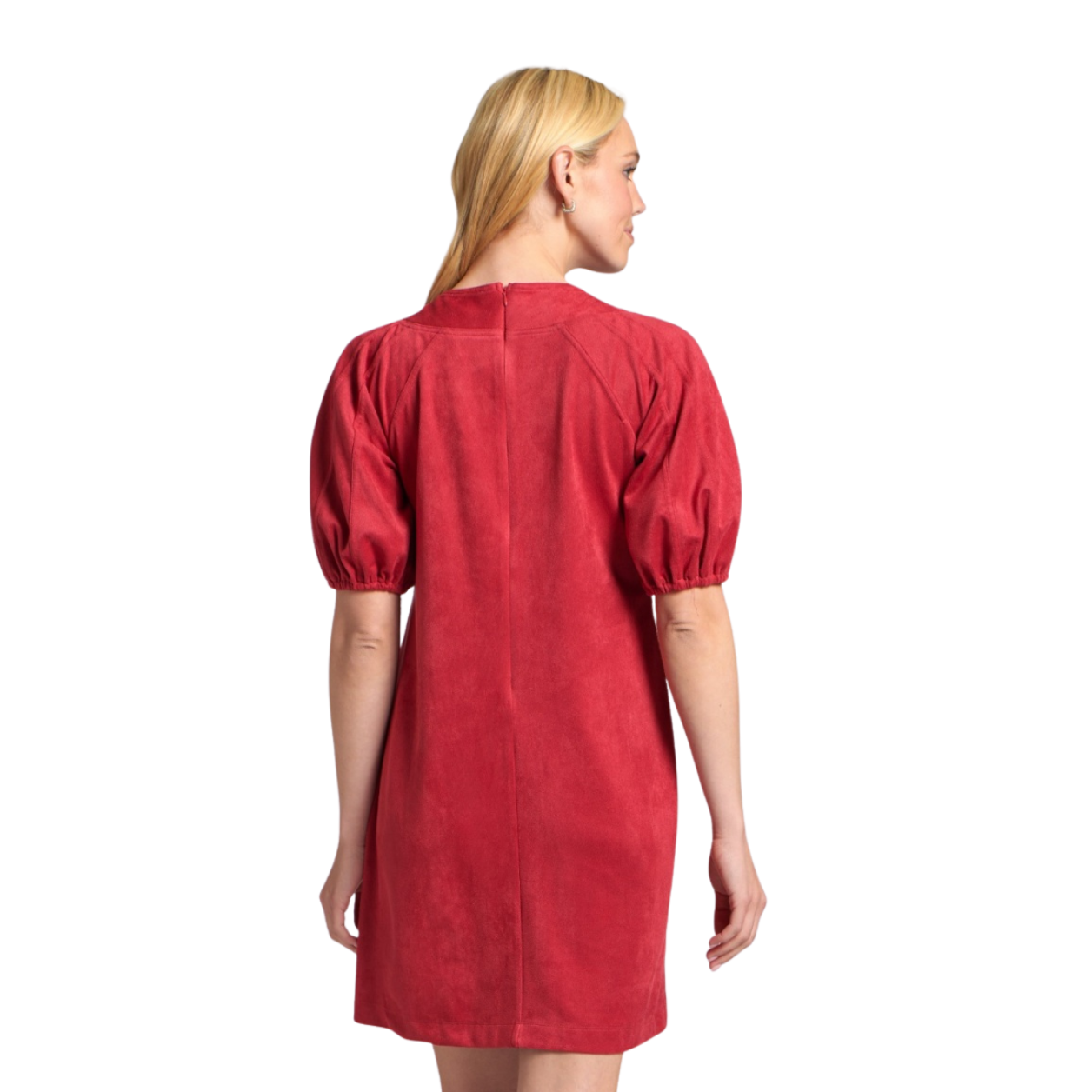 Vegan Suede Lace-Up Puff Sleeved Dress -Red