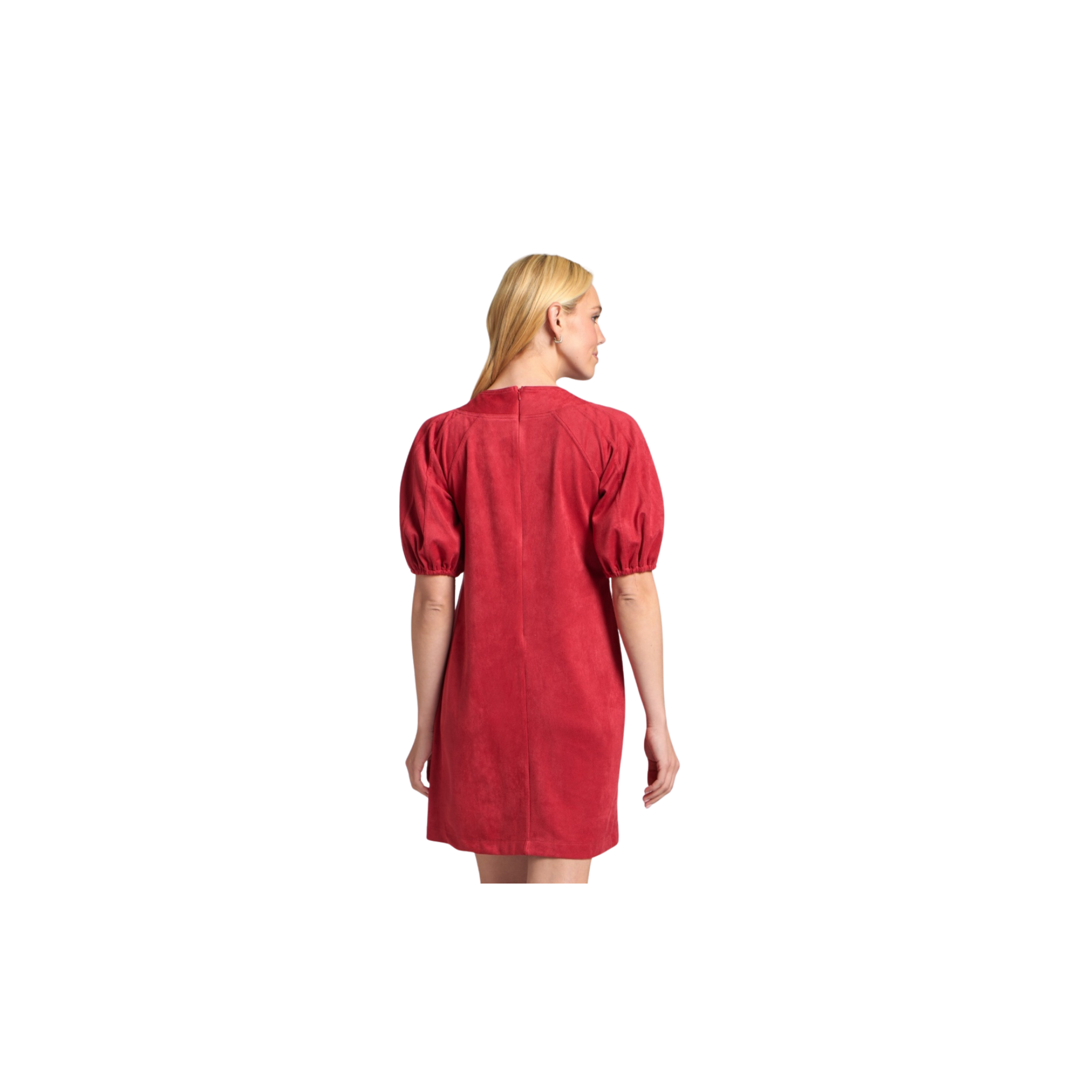 Vegan Suede Lace-Up Puff Sleeved Dress -Red
