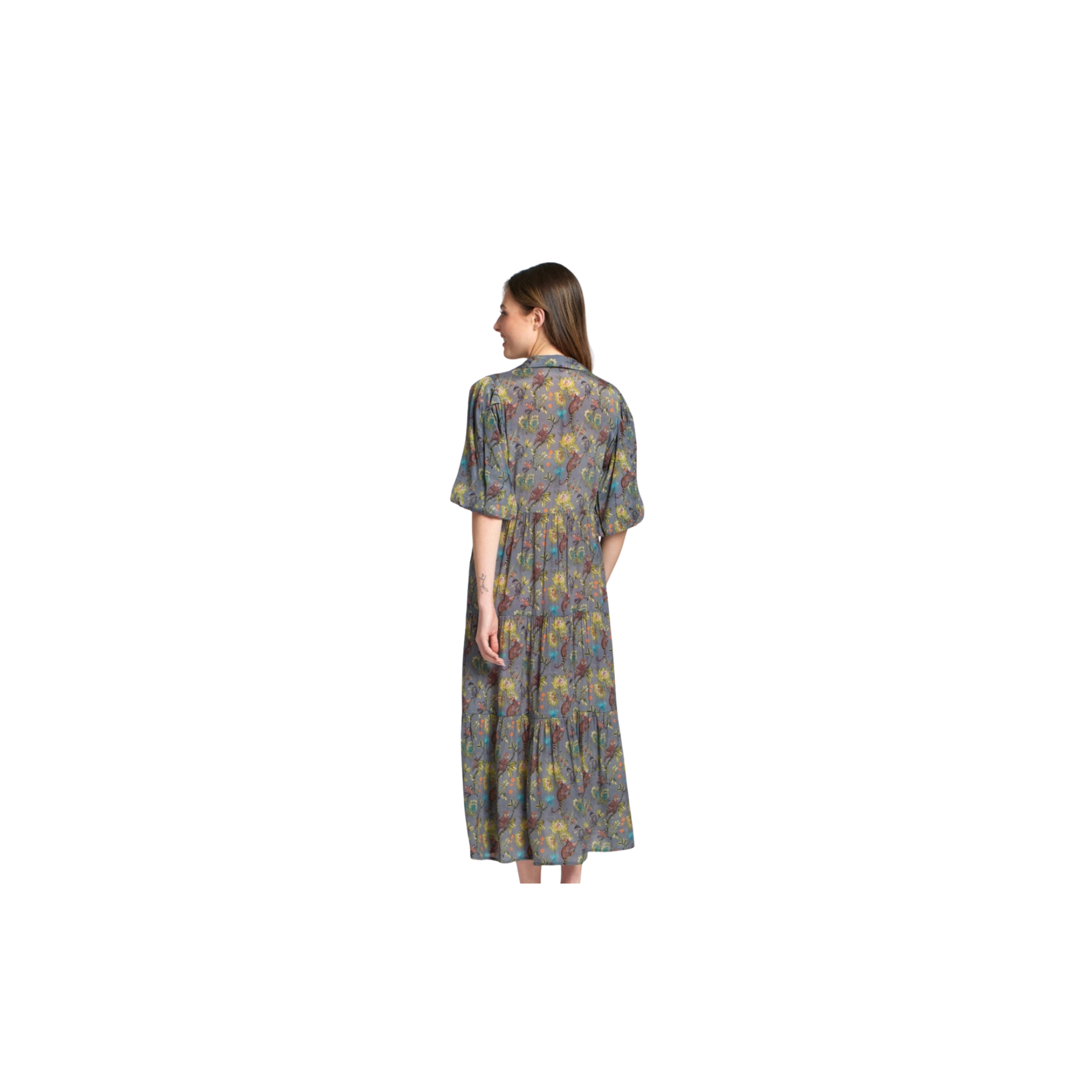 APNY Long Tiered Dress w/ Elbow Sleeves -Grey Multi