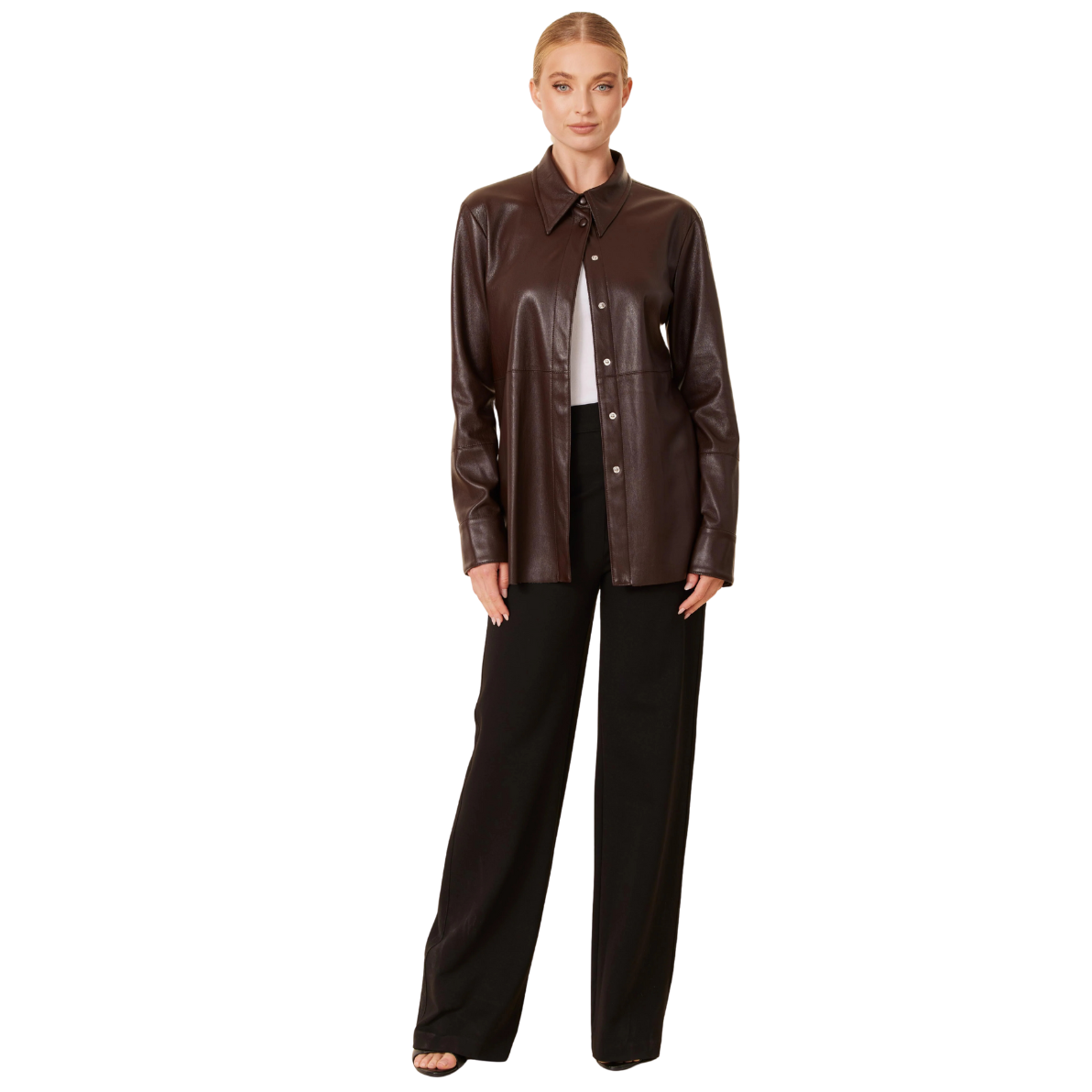 Dolce Cabo Faux Leather Metallic Tailored Shirt - Coffee