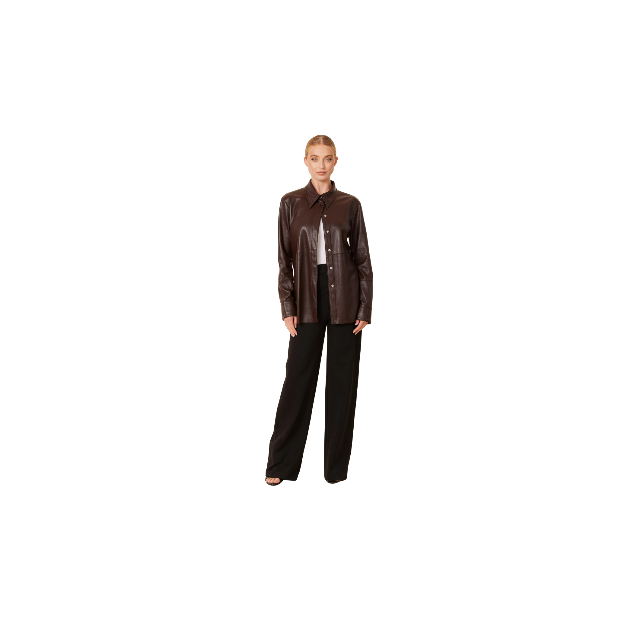 Faux Leather Metallic Tailored Shirt - Coffee