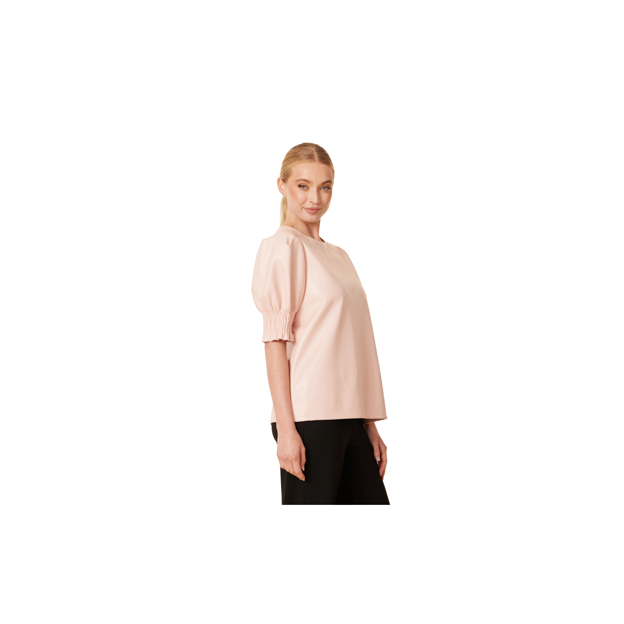 Faux Leather Crew Neck Elastic Cuff Top -Blush