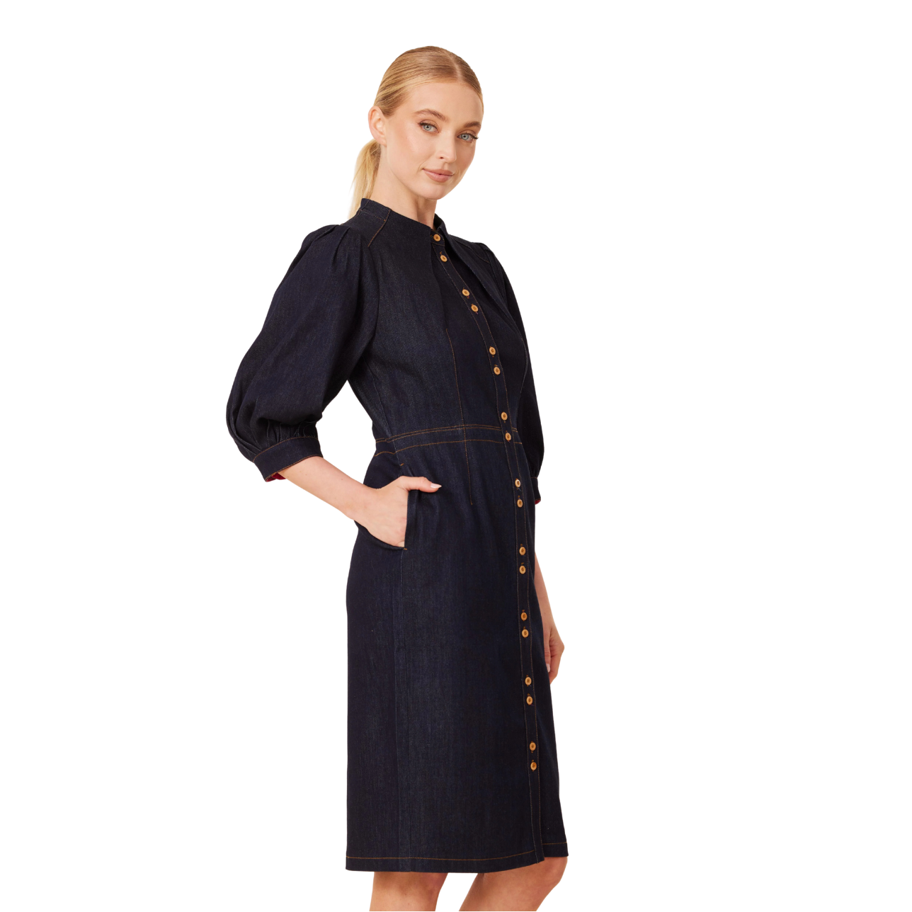Dolce Cabo Denim Gold Button Dress