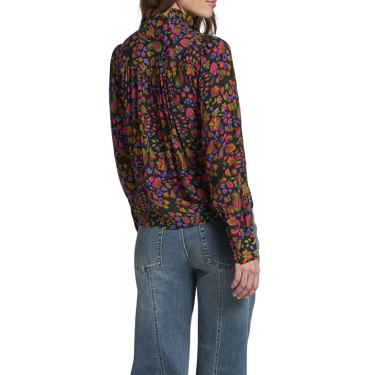 APNY Ruffle Half Placket Blouse- Pink Black Floral Multi