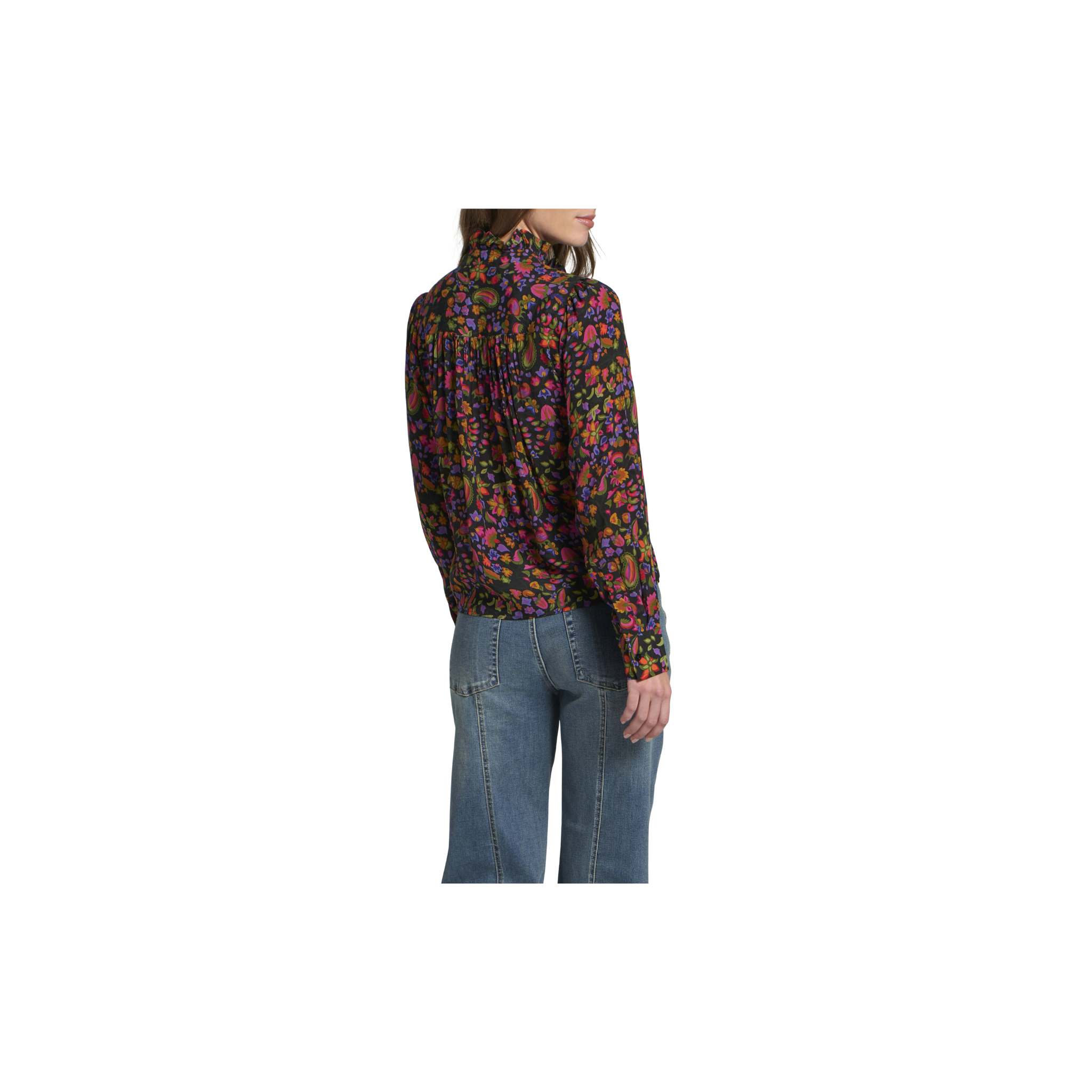 APNY Ruffle Half Placket Blouse- Pink Black Floral Multi