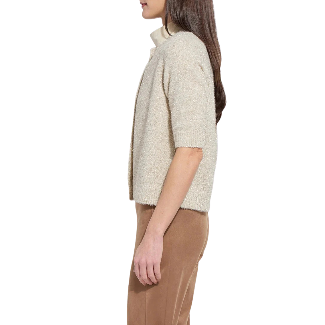 Lysse Kennedy Short Sleeve Lurex Feather Cardigan-Silky Cream